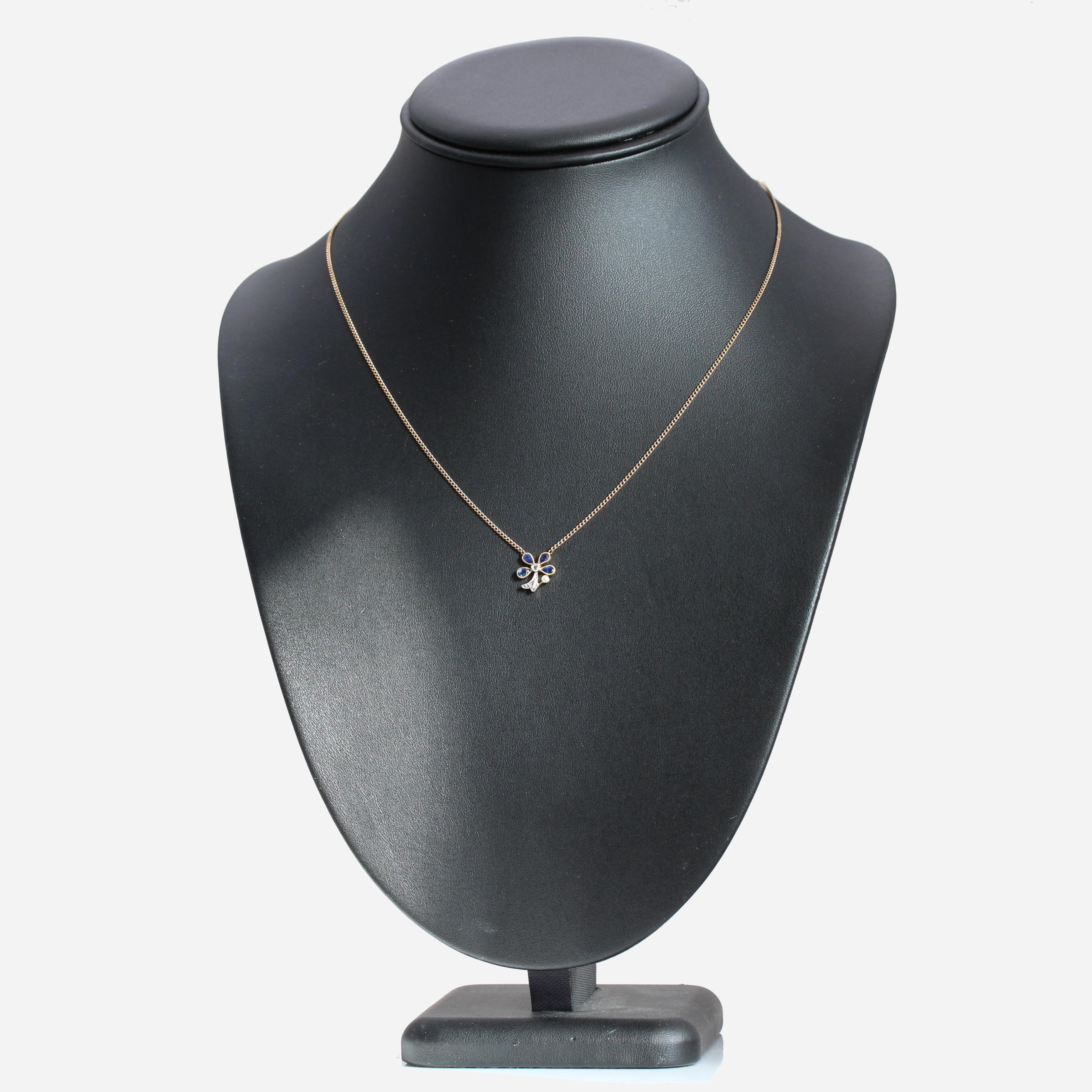 Collier trèfle français du 20ème siècle en or jaune 18 carats, perles, saphirs et diamants en vente 1