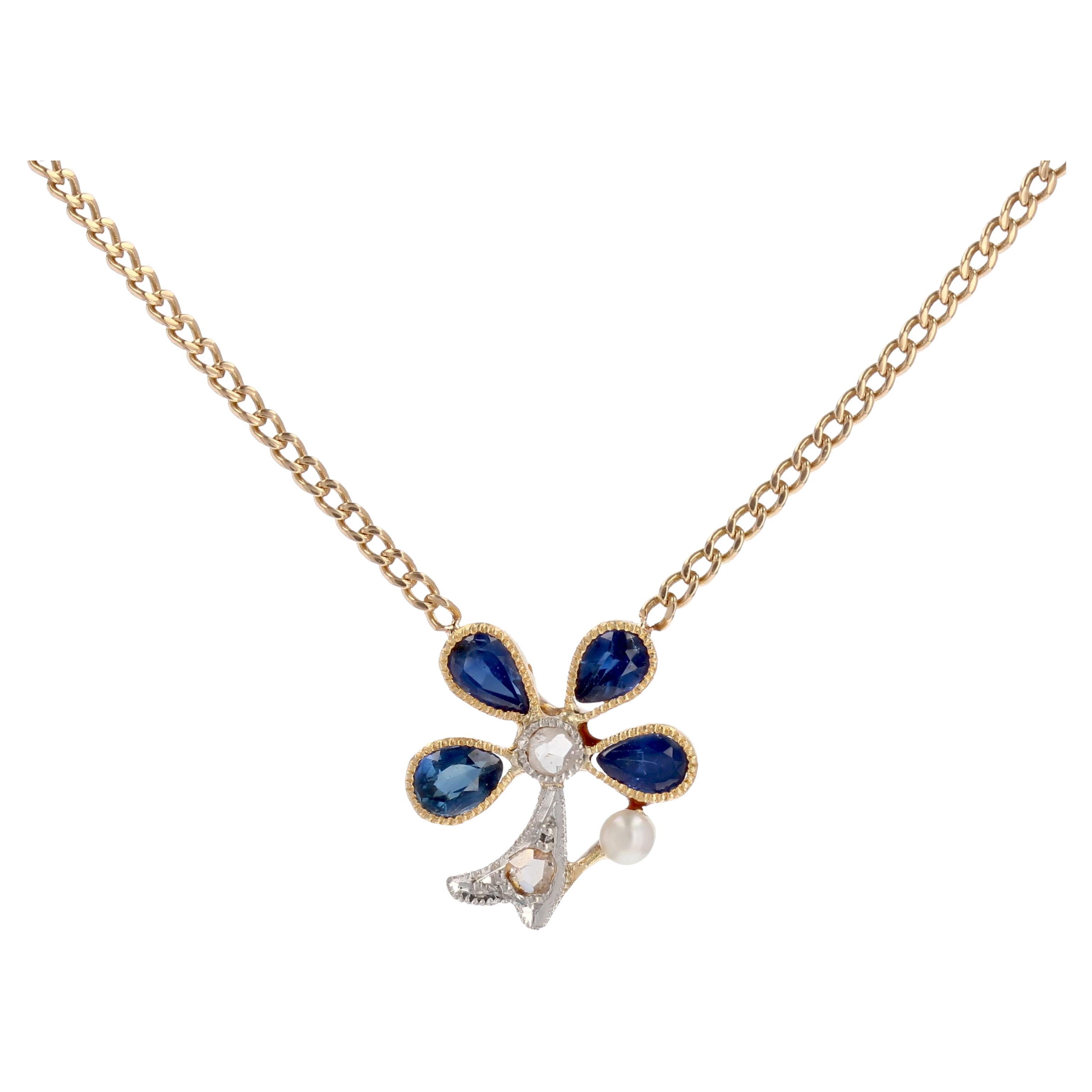French 20th Century Pearl Sapphire Diamonds 18 Karat Yellow Gold Clover Necklace