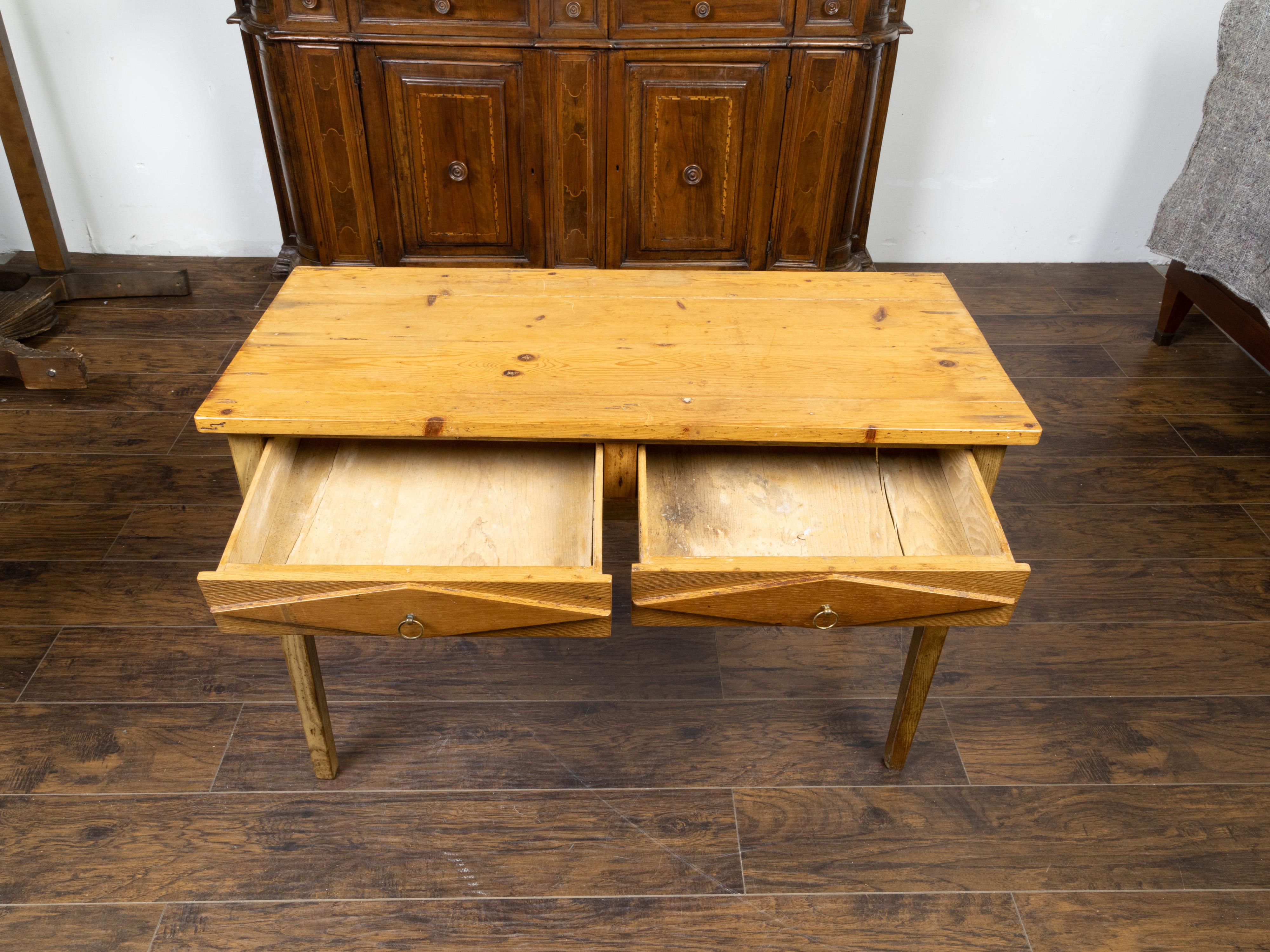 French 20th Century Pine Desk with Two Drawers and Raised Diamond Motifs 4