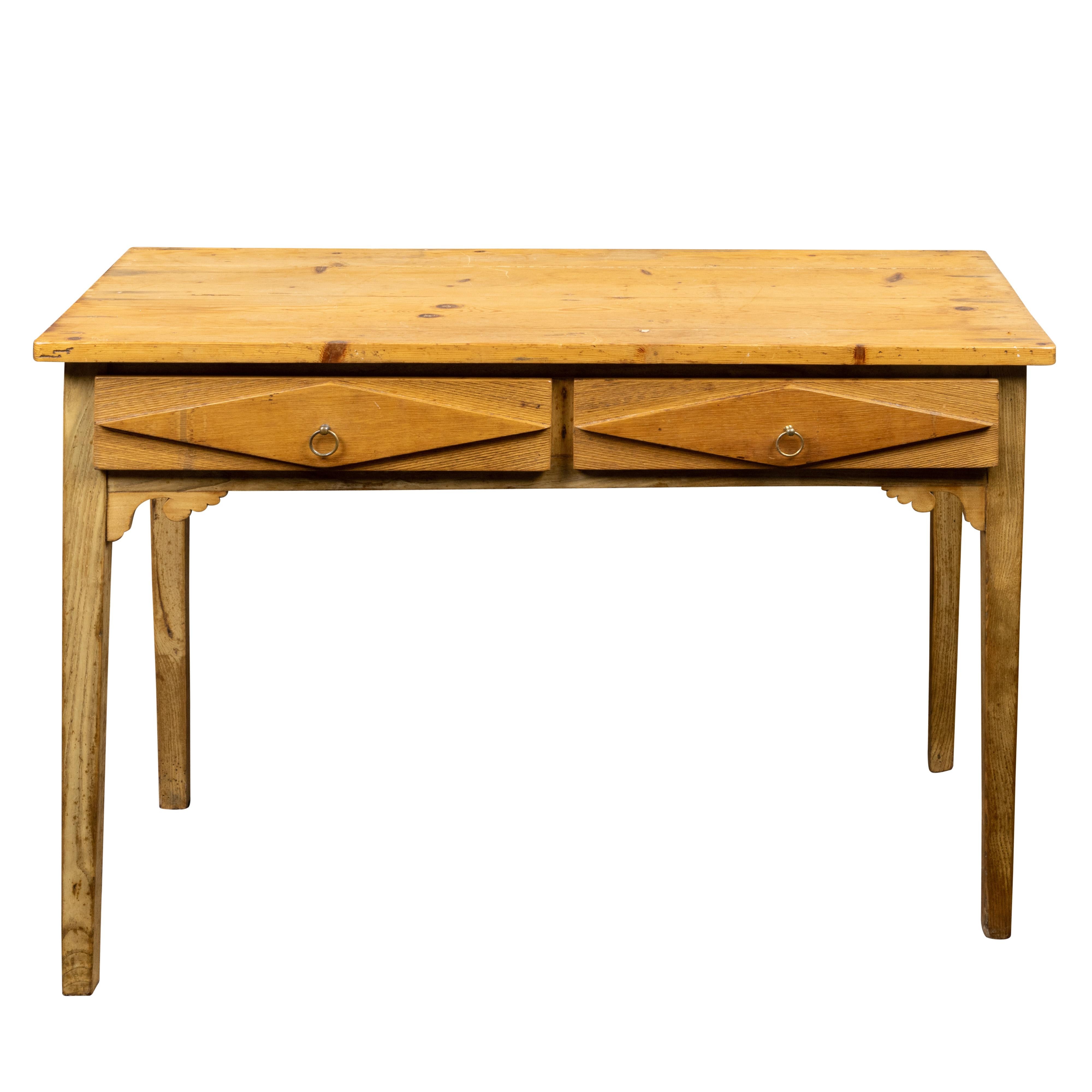 French 20th Century Pine Desk with Two Drawers and Raised Diamond Motifs