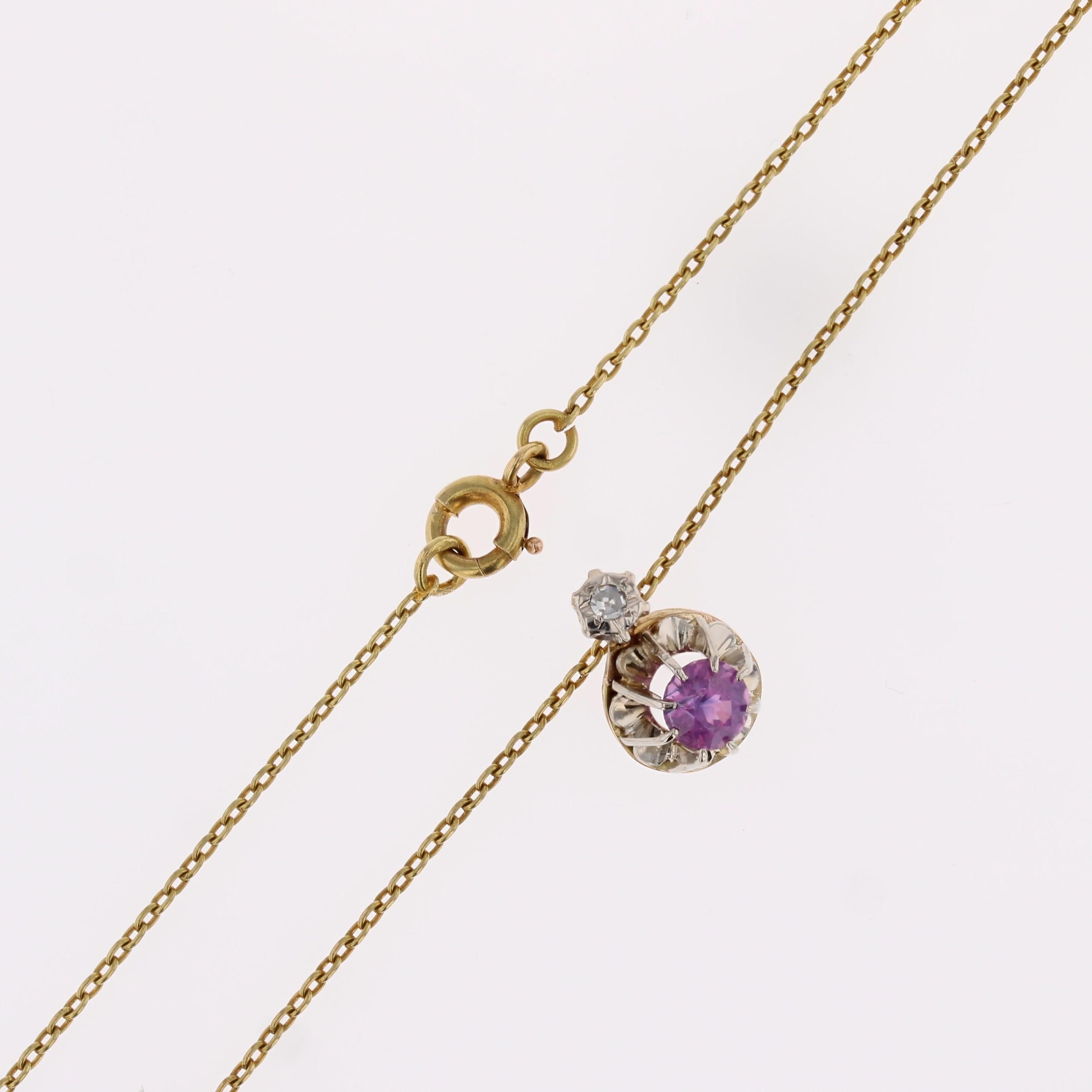 Collier pendentif en or jaune 18 carats, saphir rose et diamant du 20e siècle. en vente 7