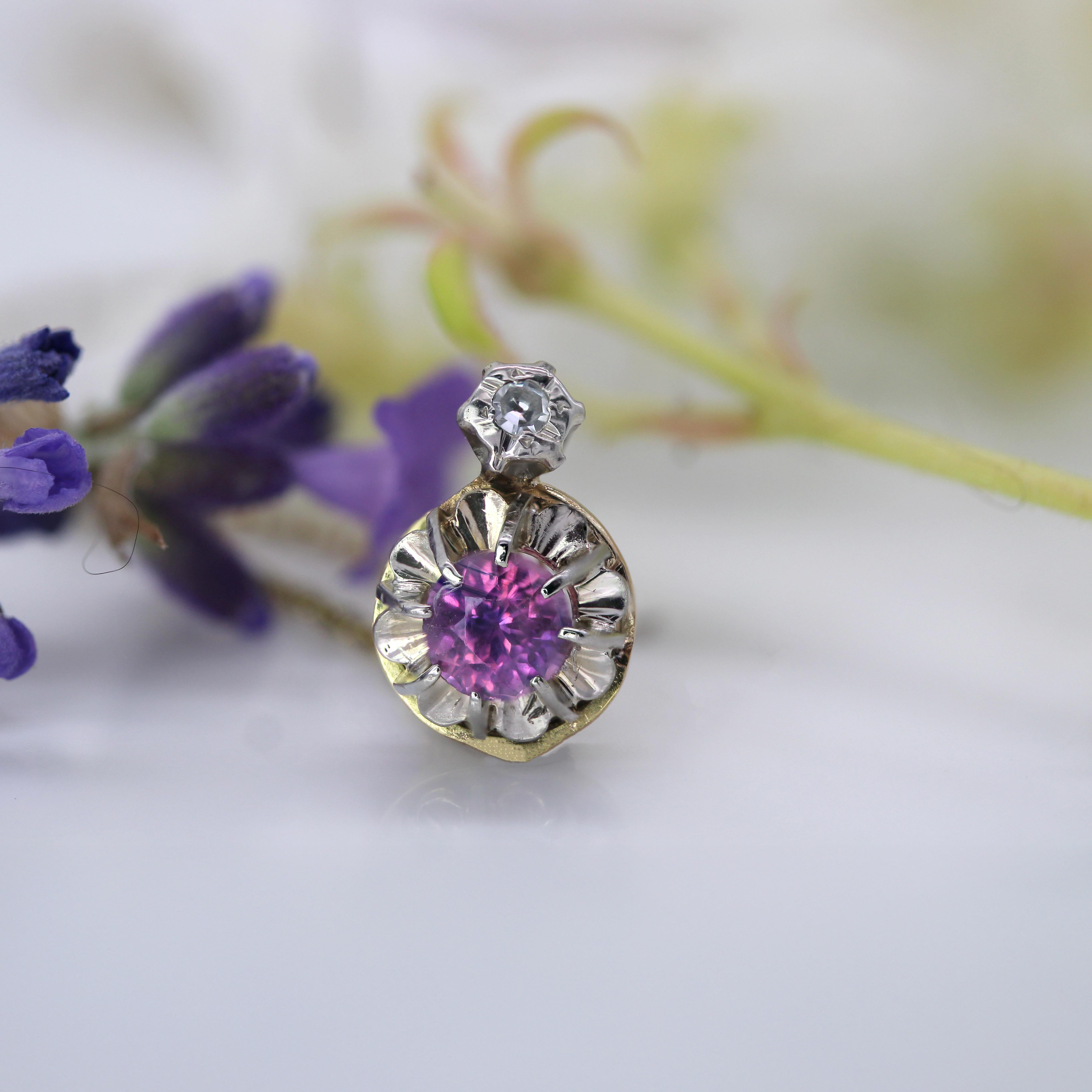 Collier pendentif en or jaune 18 carats, saphir rose et diamant du 20e siècle. en vente 2