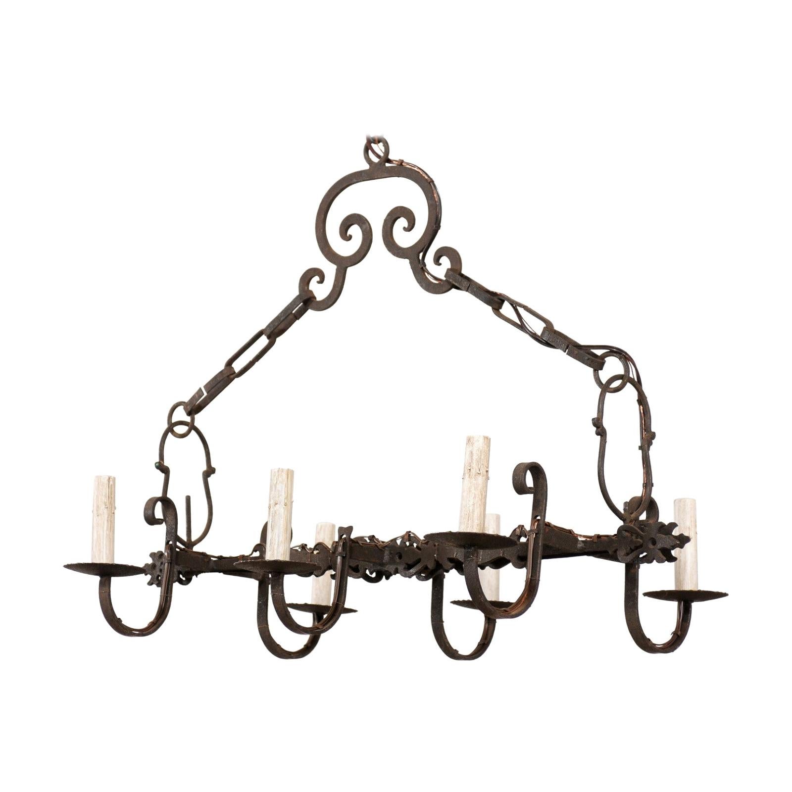 French Rectangular Six-Light Iron Chandelier w/C-Scroll Accent, Rewired for US