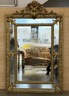 French 20th Century Rectangular Vertical Gold Gilt Mirror with Floral crest