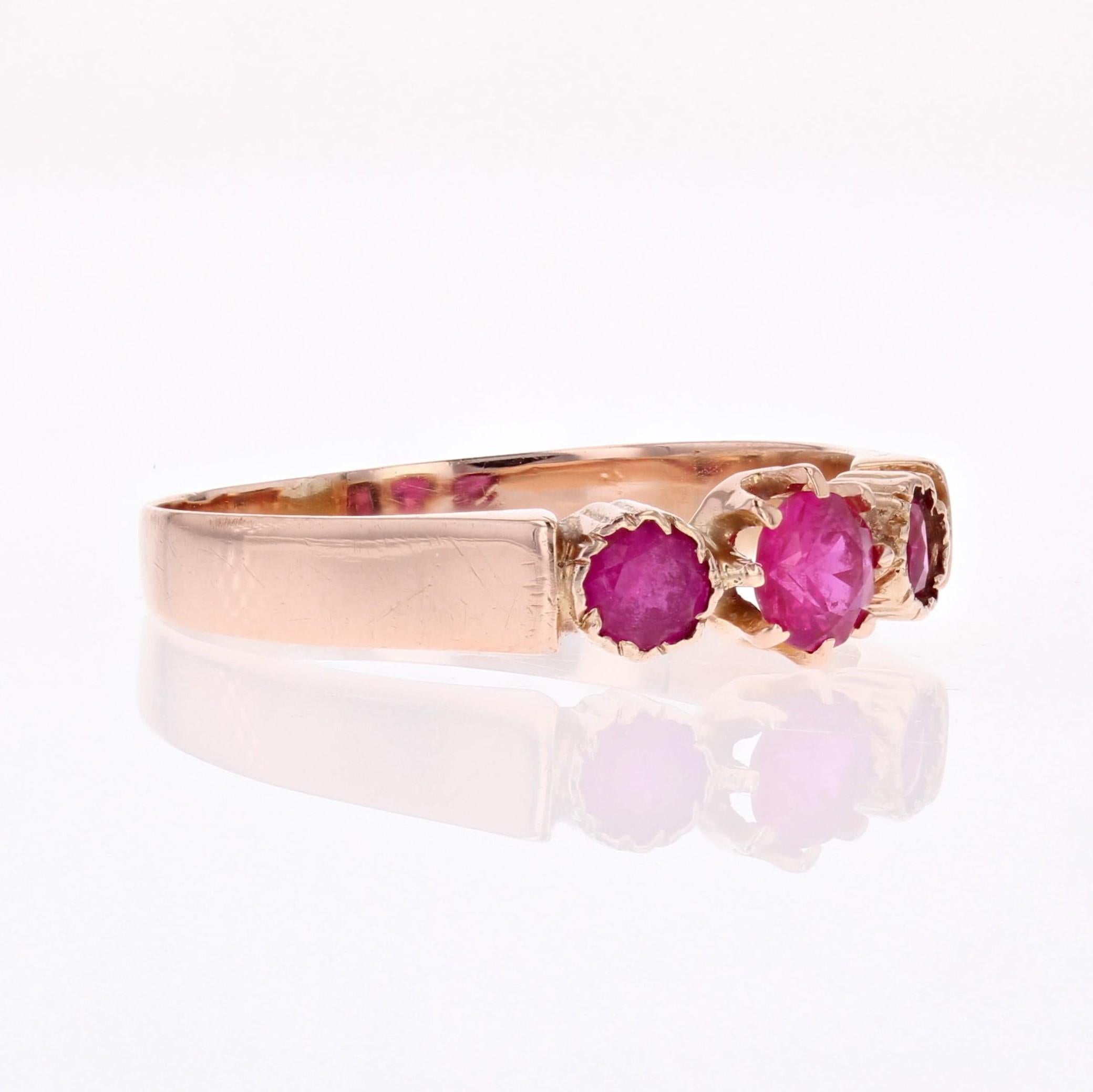 Round Cut French 20th Century Red Gems 18 Karat Rose Gold Trilogy Ring For Sale