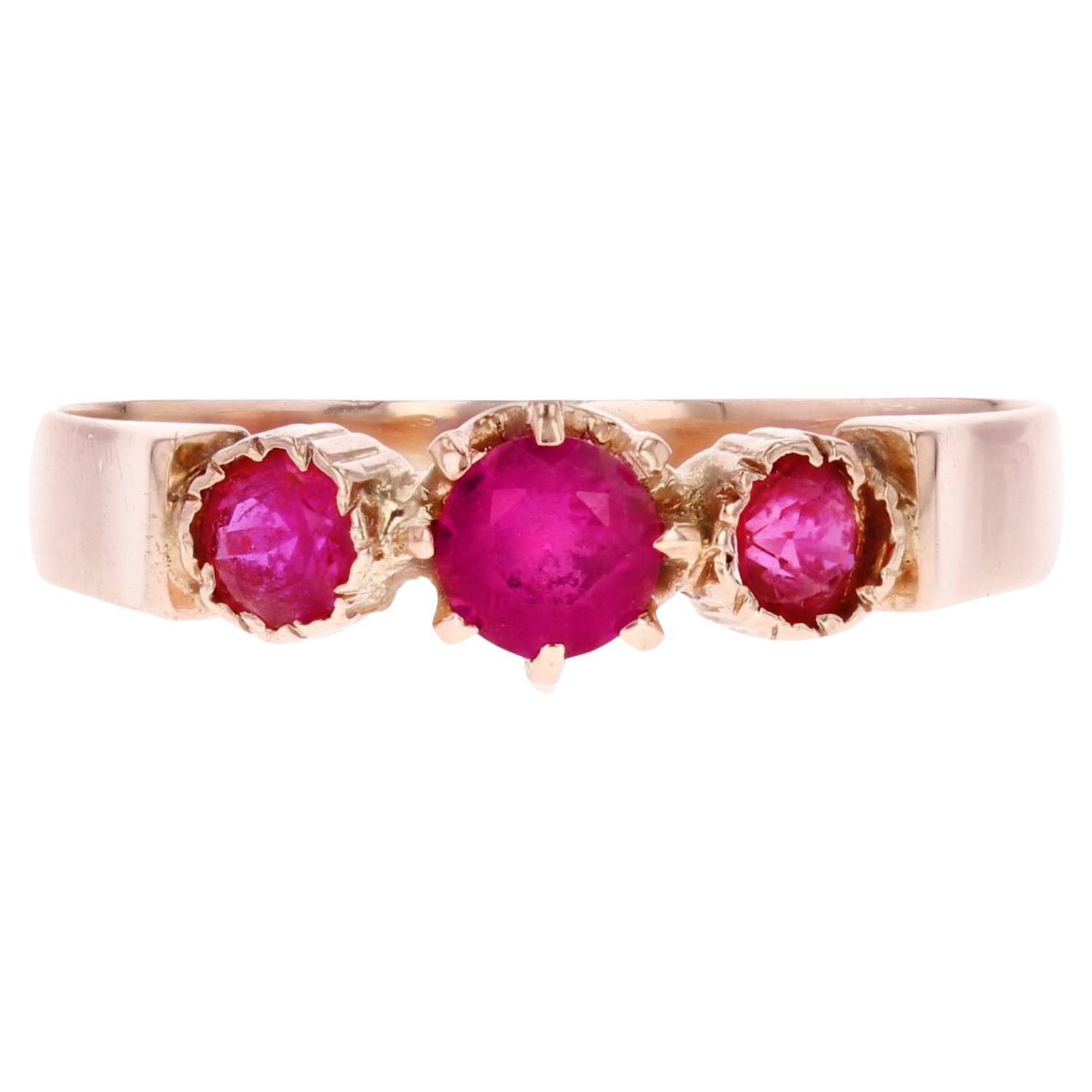 French 20th Century Red Gems 18 Karat Rose Gold Trilogy Ring