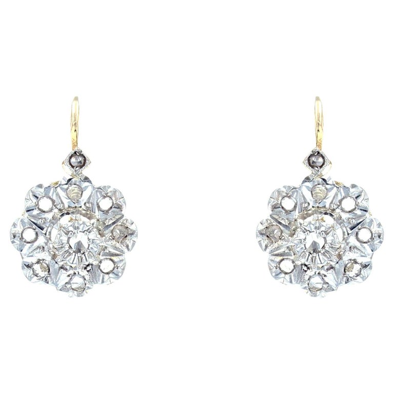 French, 20th Century Rose Cut Diamonds Daisy Shaped Lever Back Earrings