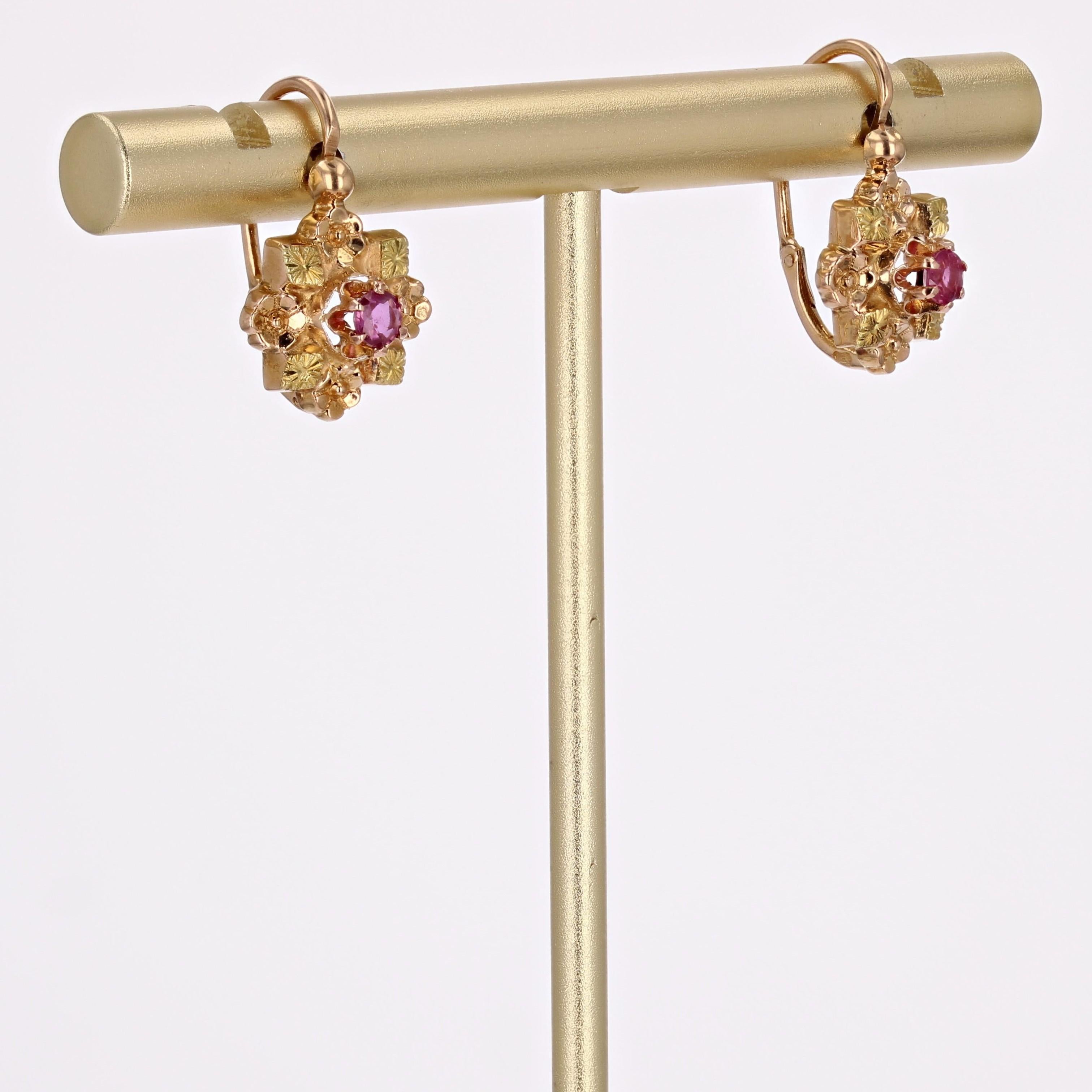 Belle Époque French 20th Century Rubies 18 Karat Rose and Green Gold Lever-back Earrings