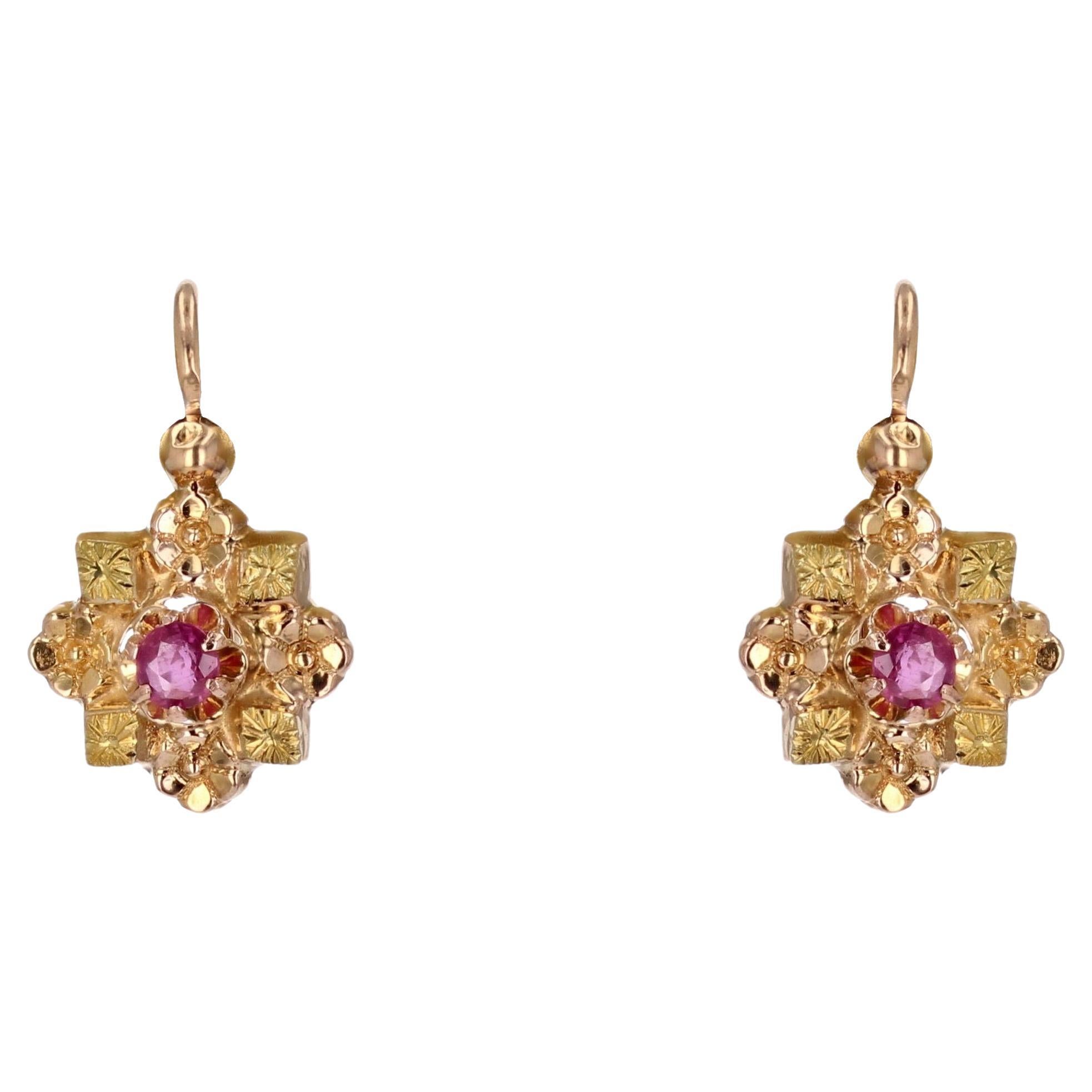 French 20th Century Rubies 18 Karat Rose and Green Gold Lever-back Earrings