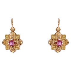 French 20th Century Rubies 18 Karat Rose and Green Gold Lever-back Earrings
