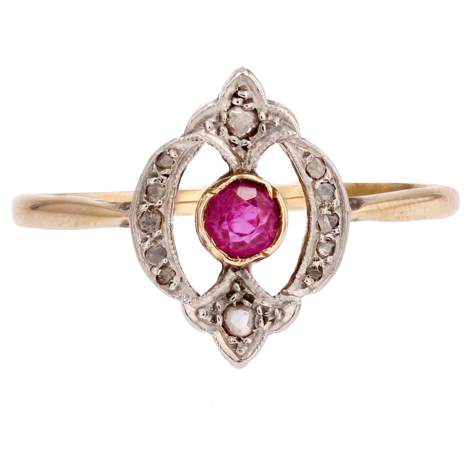 French 20th Century Rubies Diamonds 18 Karat Yellow Gold Ring