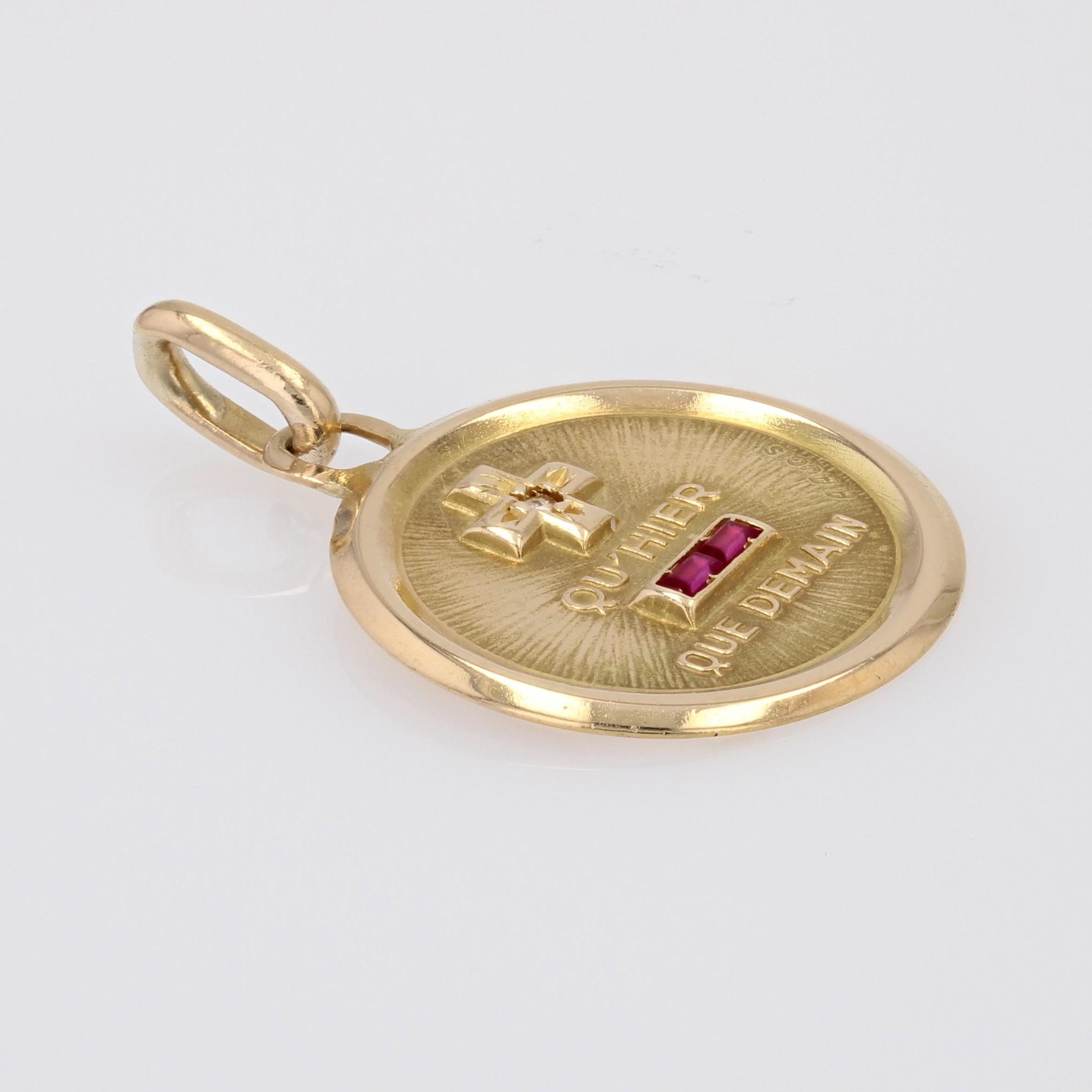 Retro French 20th Century Ruby Diamond 18 Karat Yellow Gold Love Augis Medal