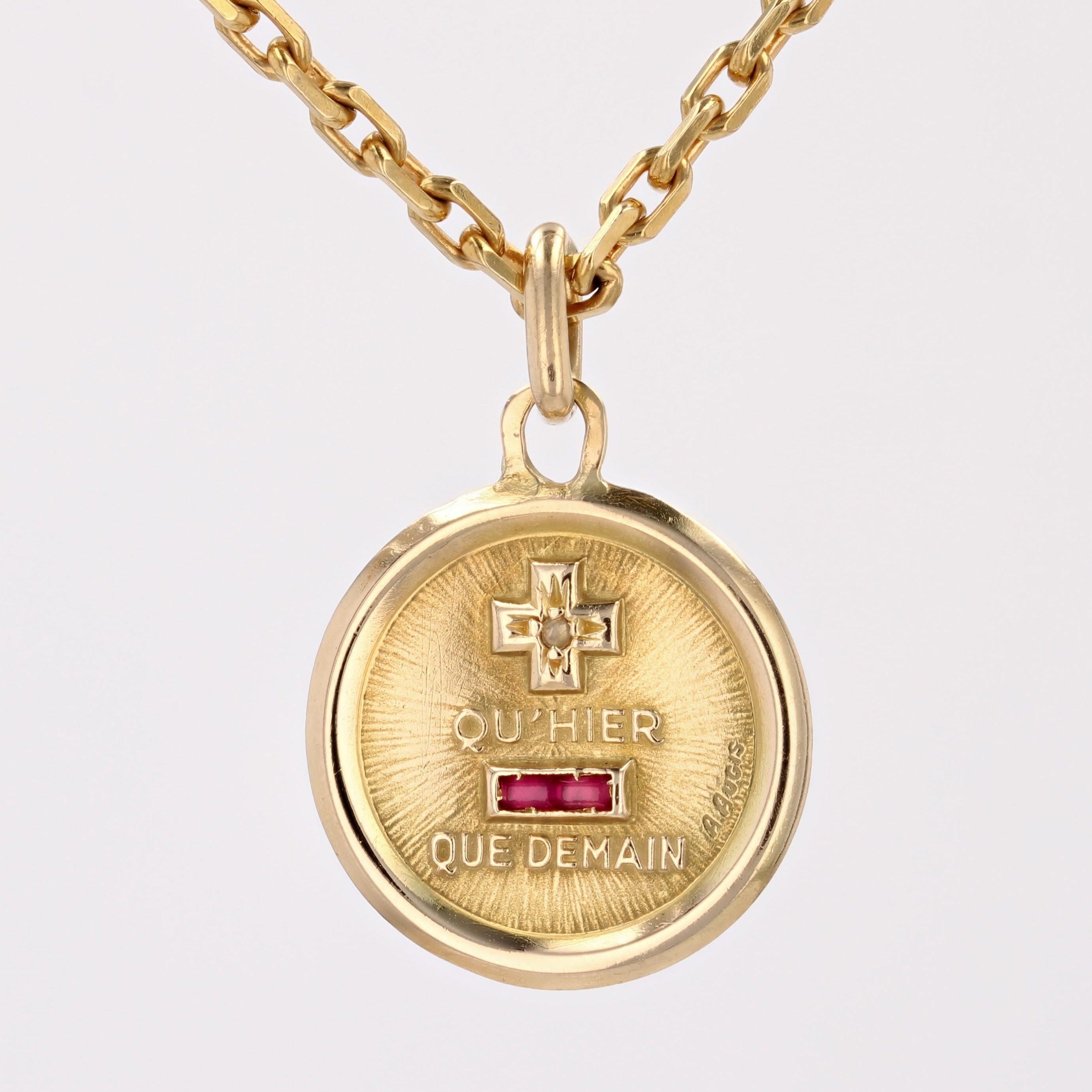 Round Cut French 20th Century Ruby Diamond 18 Karat Yellow Gold Love Augis Medal