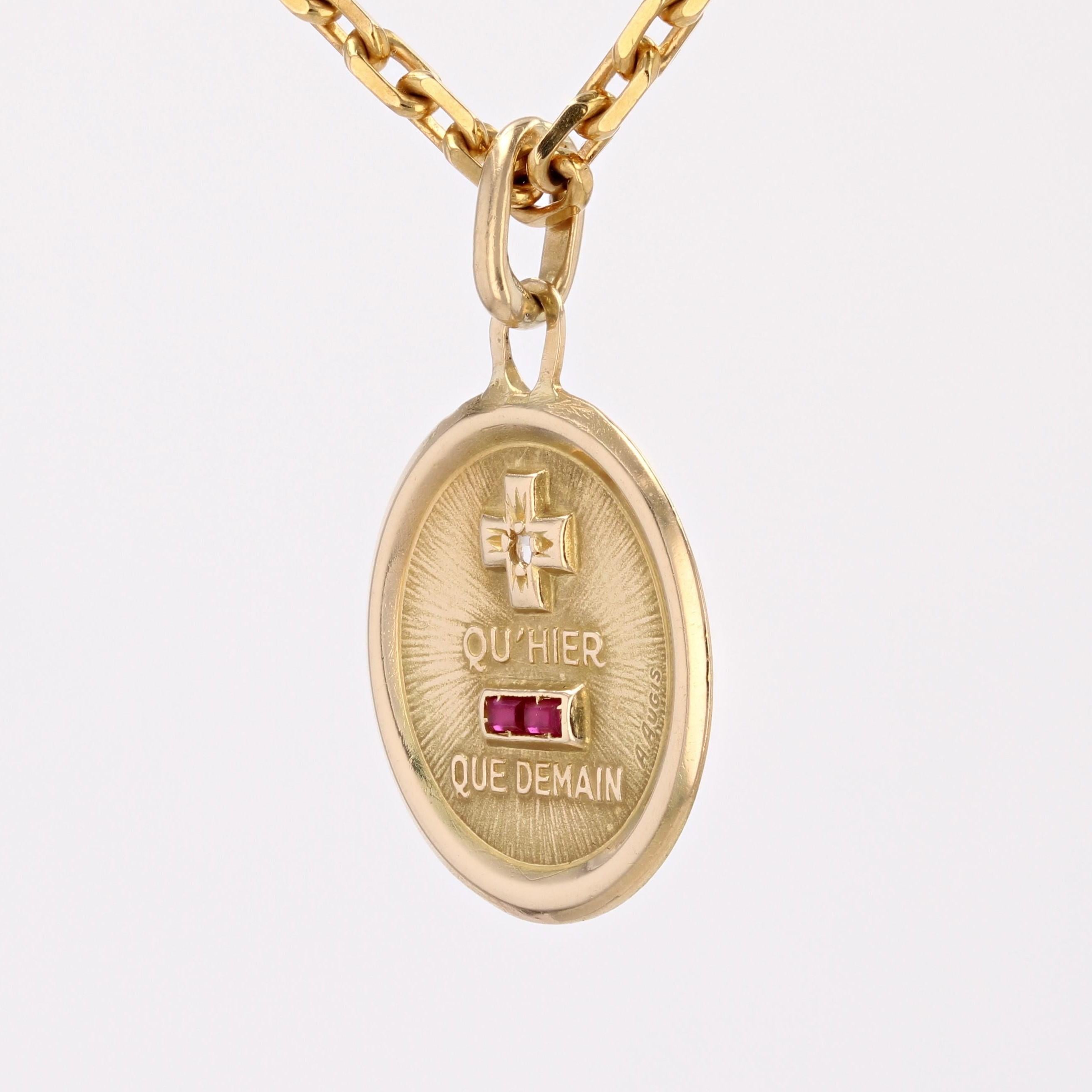 French 20th Century Ruby Diamond 18 Karat Yellow Gold Love Augis Medal In Good Condition In Poitiers, FR