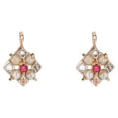 French 20th Century Ruby Diamond Pearl 18 Karat Rose Gold Lever- Back Earrings