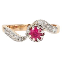 French 20th Century Ruby Diamonds 18 Karat Yellow Gold Asymmetrical Ring