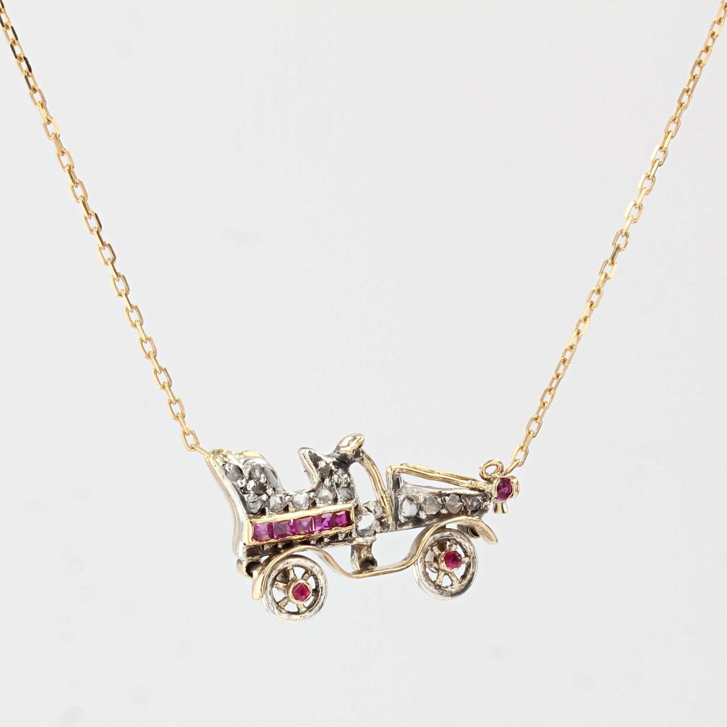 Women's French 20th Century Ruby Diamonds 18 Karat Yellow Gold Platinum Car Necklace For Sale