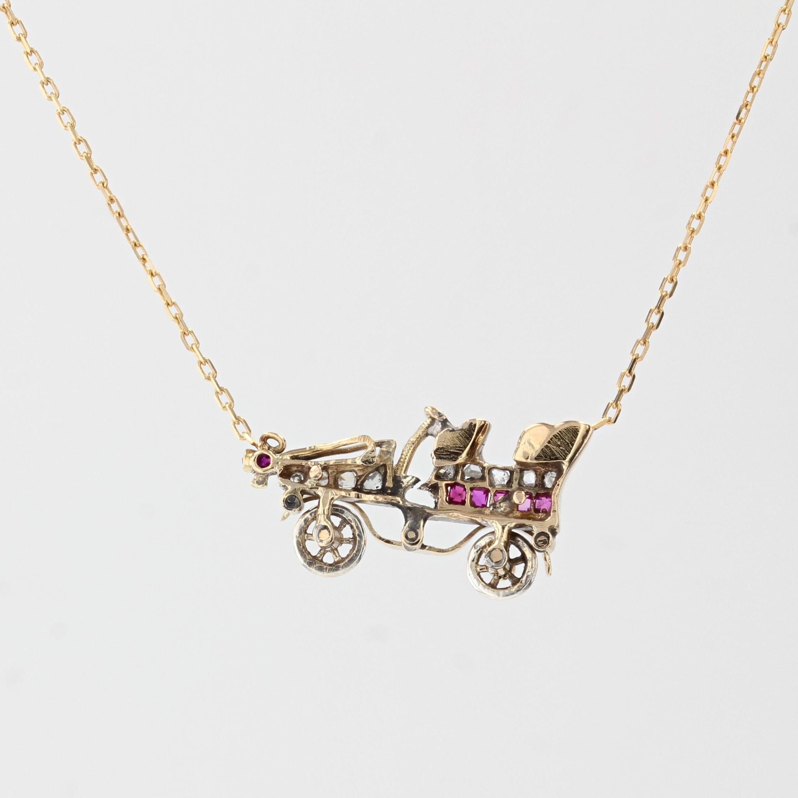 French 20th Century Ruby Diamonds 18 Karat Yellow Gold Platinum Car Necklace For Sale 2