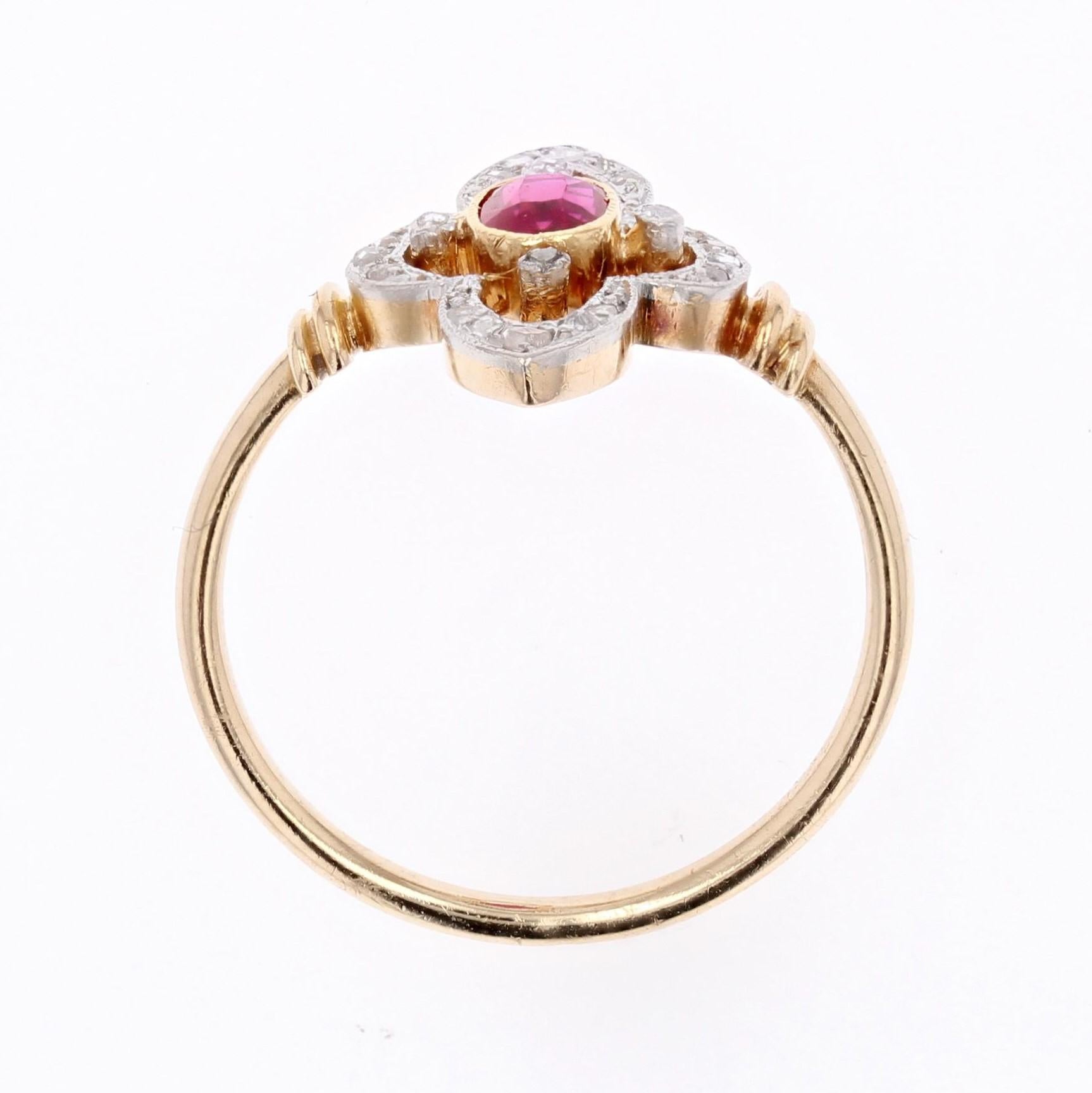 French 20th Century Ruby Diamonds Slender Cloverleaf Ring 4