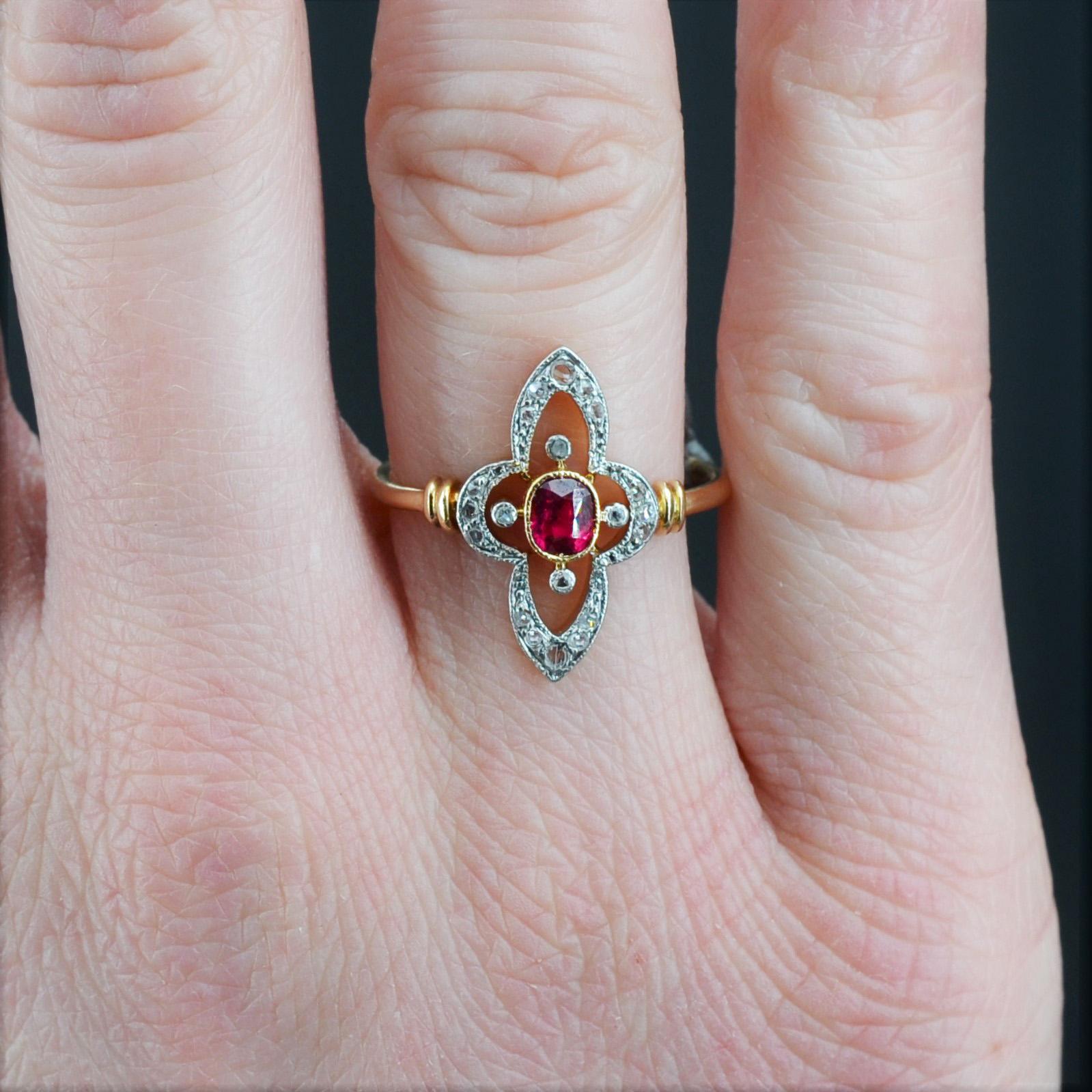 French 20th Century Ruby Diamonds Slender Cloverleaf Ring 5