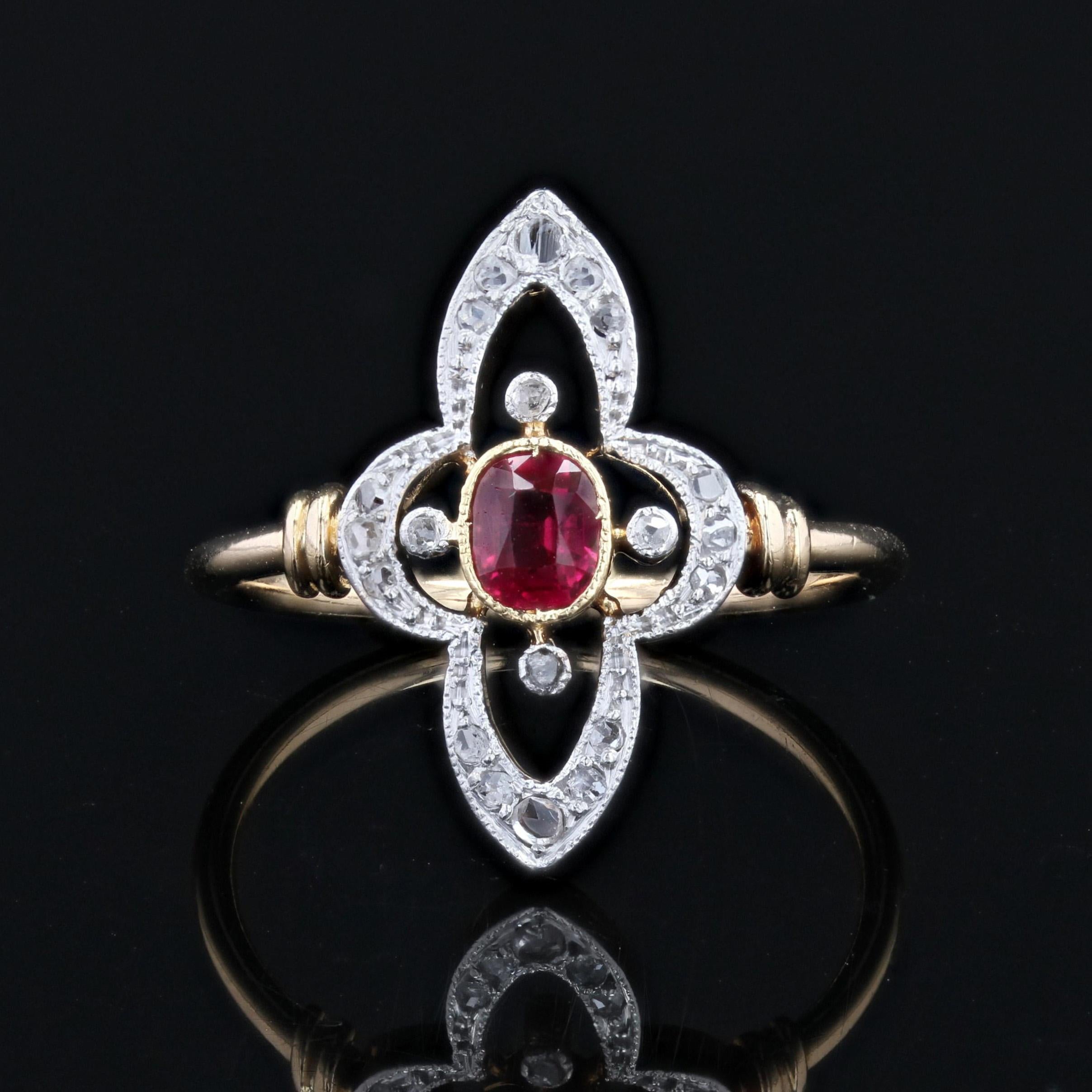 Belle Époque French 20th Century Ruby Diamonds Slender Cloverleaf Ring