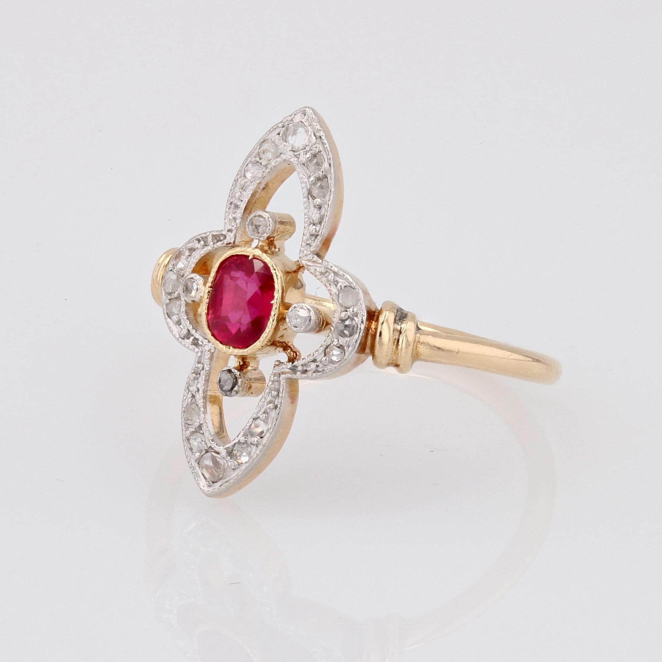 French 20th Century Ruby Diamonds Slender Cloverleaf Ring In Good Condition In Poitiers, FR