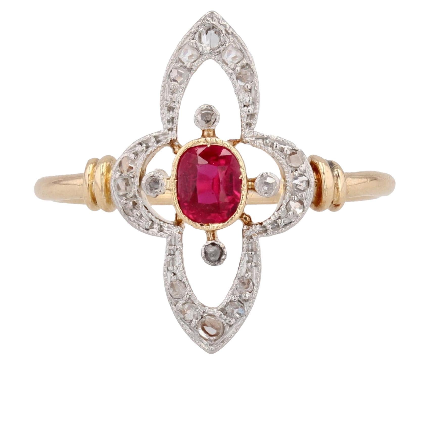 French 20th Century Ruby Diamonds Slender Cloverleaf Ring