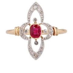 Antique French 20th Century Ruby Diamonds Slender Cloverleaf Ring