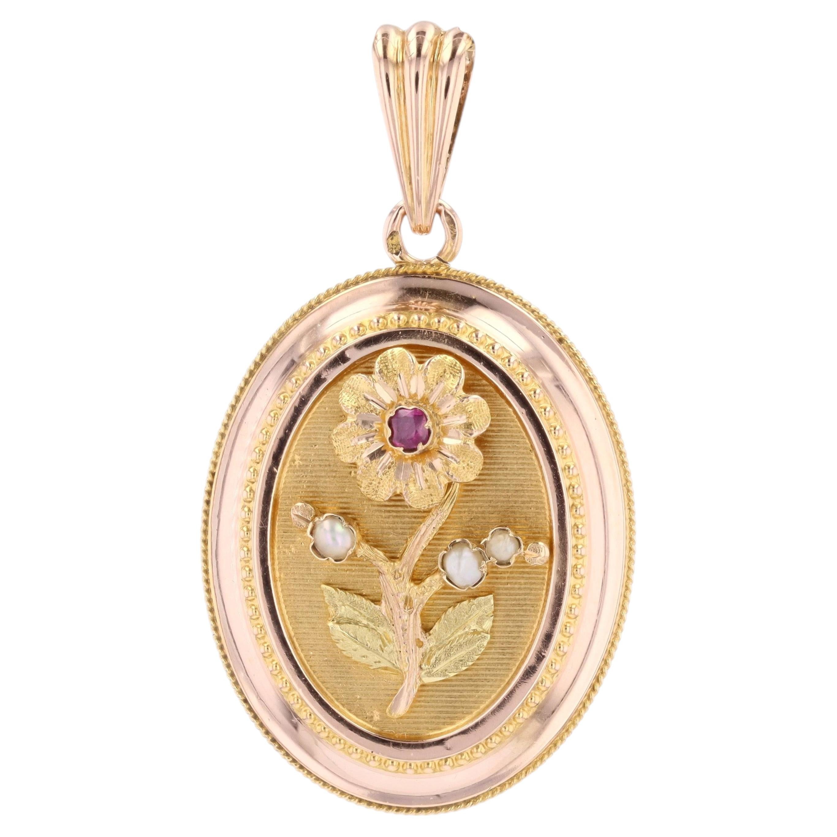 French 20th Century Ruby Fine Pearls 18 Karat Rose Gold Pansy Locket Pendant