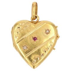 French 20th Century Ruby Natural Pearl 18 Karat Yellow Gold Heart Medallion
