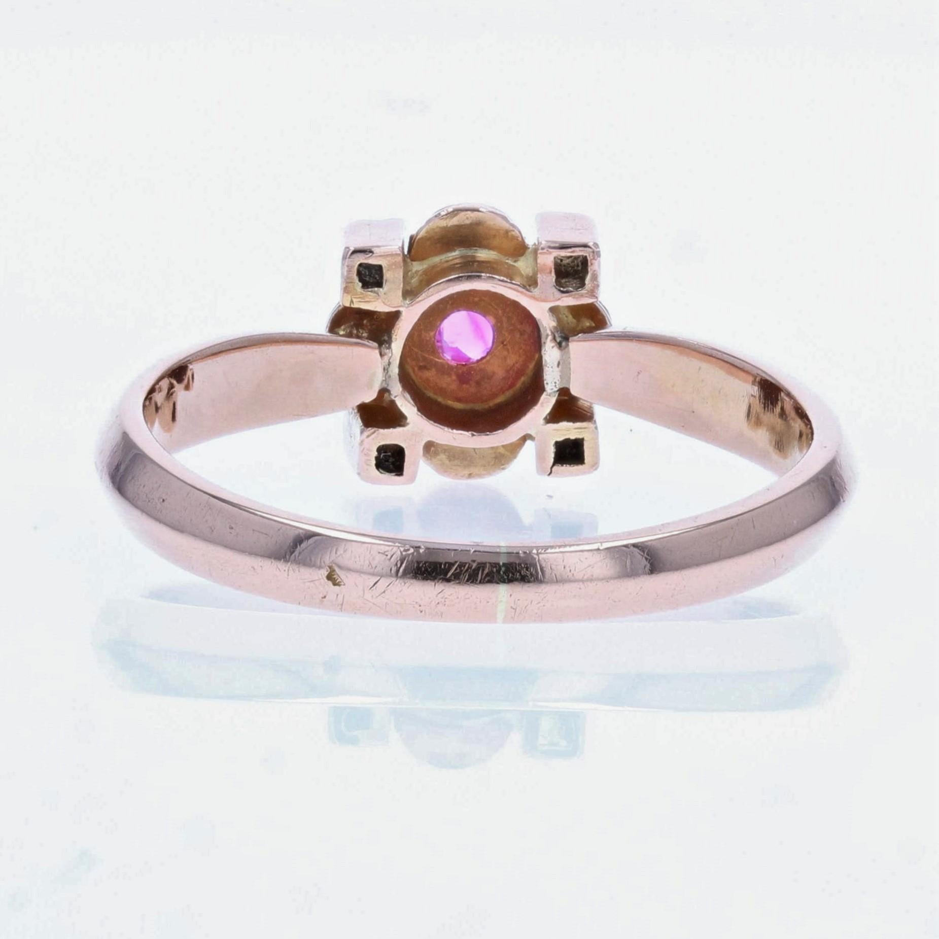 French 20th Century Ruby Natural Pearl Diamond 18 Karat Rose Gold Ring 3