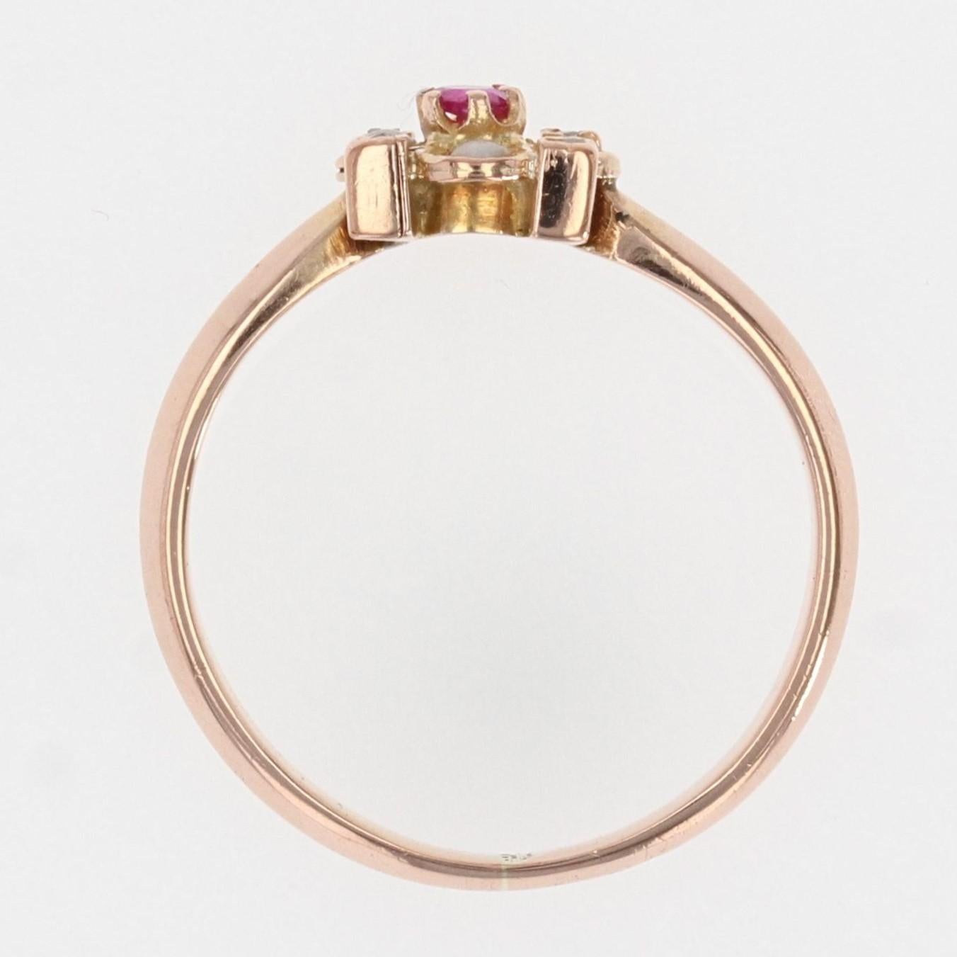 French 20th Century Ruby Natural Pearl Diamond 18 Karat Rose Gold Ring 5