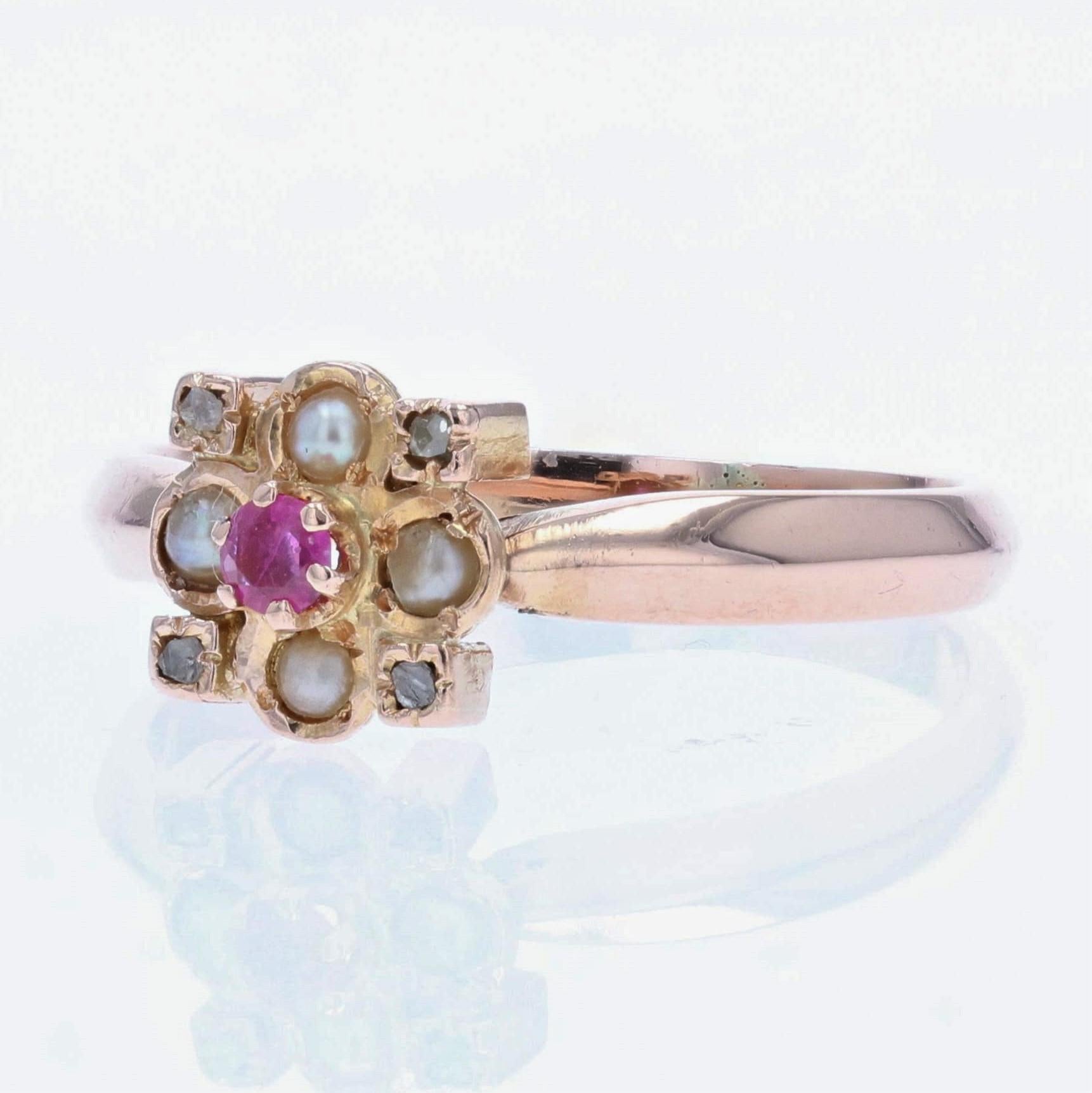 French 20th Century Ruby Natural Pearl Diamond 18 Karat Rose Gold Ring In Good Condition In Poitiers, FR