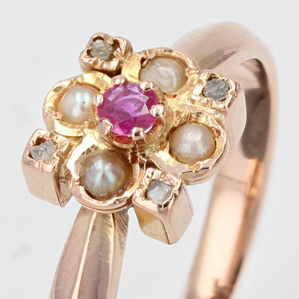 Women's French 20th Century Ruby Natural Pearl Diamond 18 Karat Rose Gold Ring