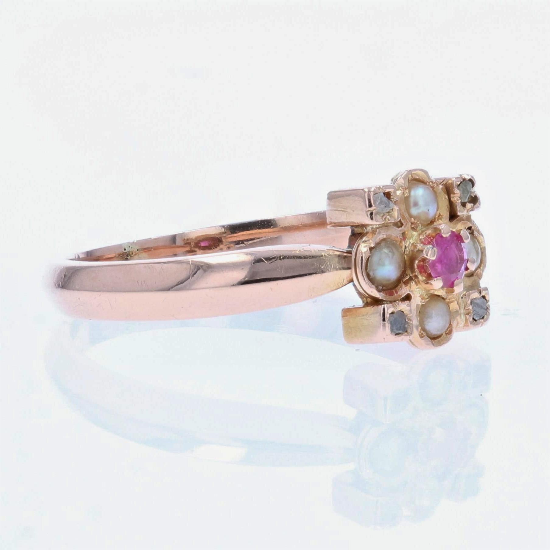 French 20th Century Ruby Natural Pearl Diamond 18 Karat Rose Gold Ring 1