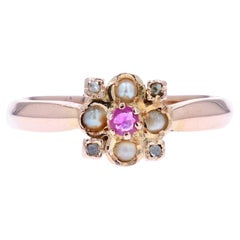 French 20th Century Ruby Natural Pearl Diamond 18 Karat Rose Gold Ring
