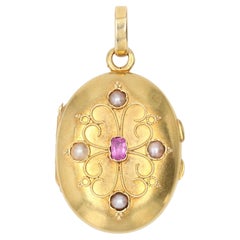 Antique French, 20th Century Ruby Pearl 18 Karat Yellow Gold Medallion