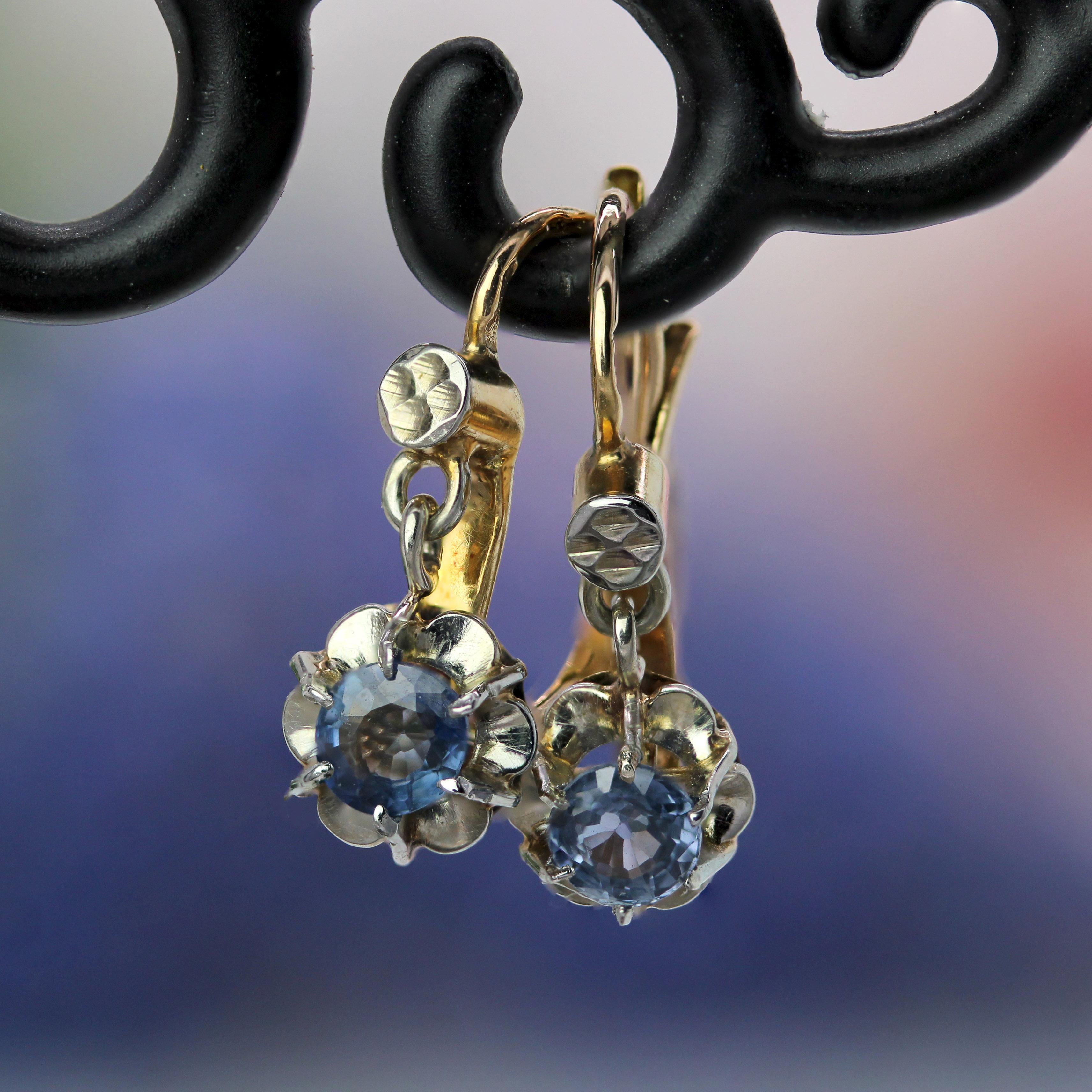 Belle Époque French 20th Century Sapphire 18 Karat Yellow Gold Lever-Back Earrings For Sale