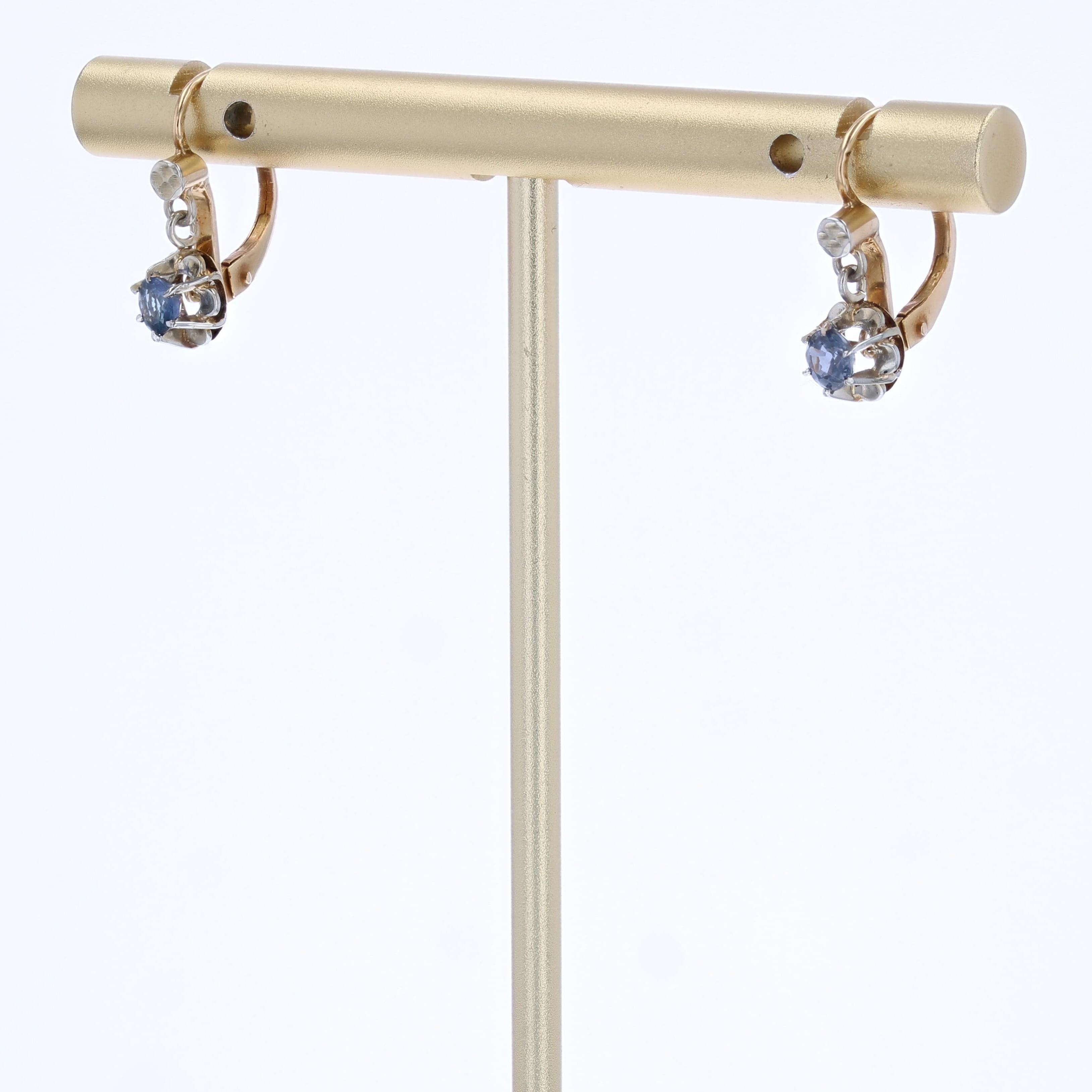 Round Cut French 20th Century Sapphire 18 Karat Yellow Gold Lever-Back Earrings For Sale