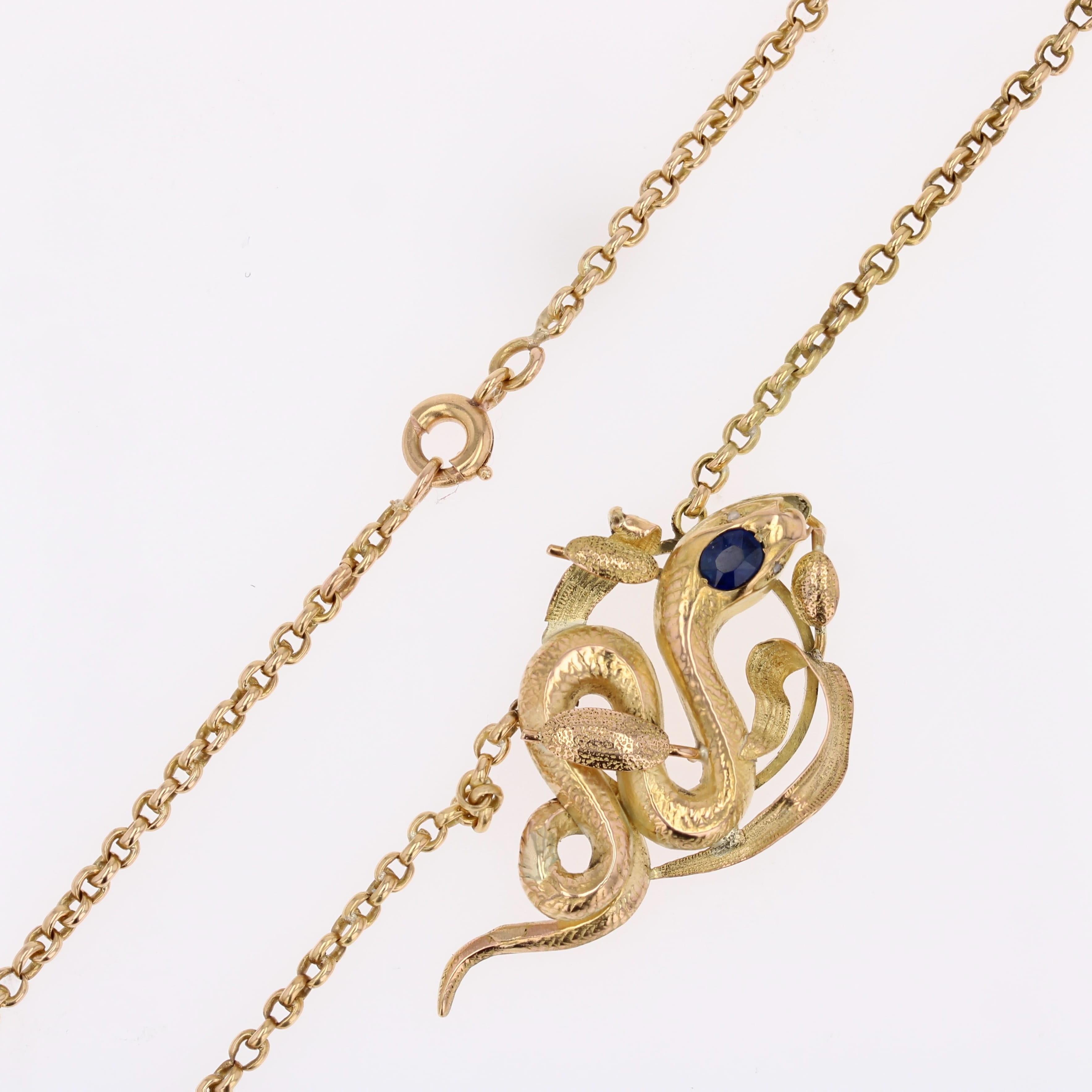 Collana con catena a serpente in oro giallo 18 carati con zaffiro del 20° secolo francese in vendita 9