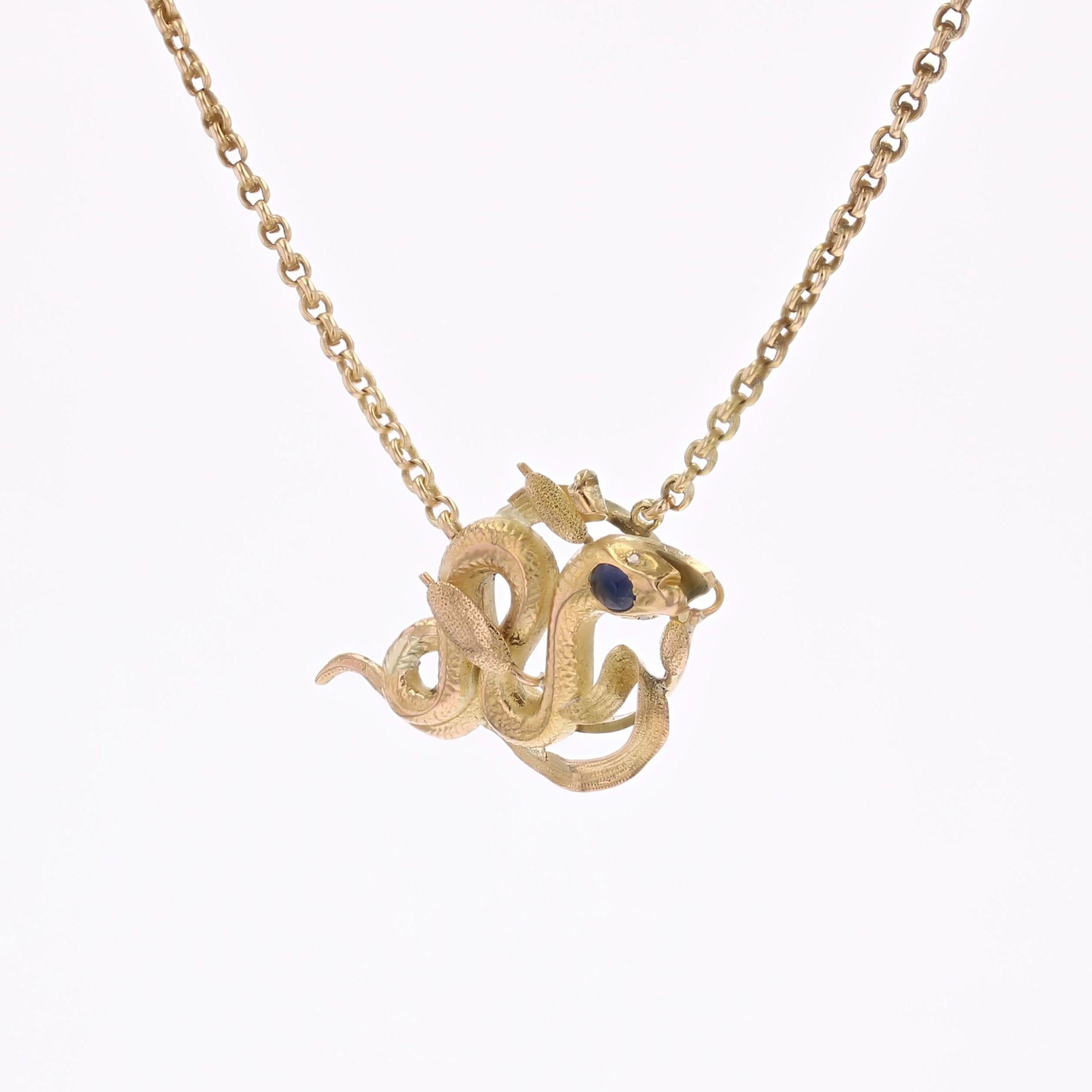 Donna Collana con catena a serpente in oro giallo 18 carati con zaffiro del 20° secolo francese in vendita