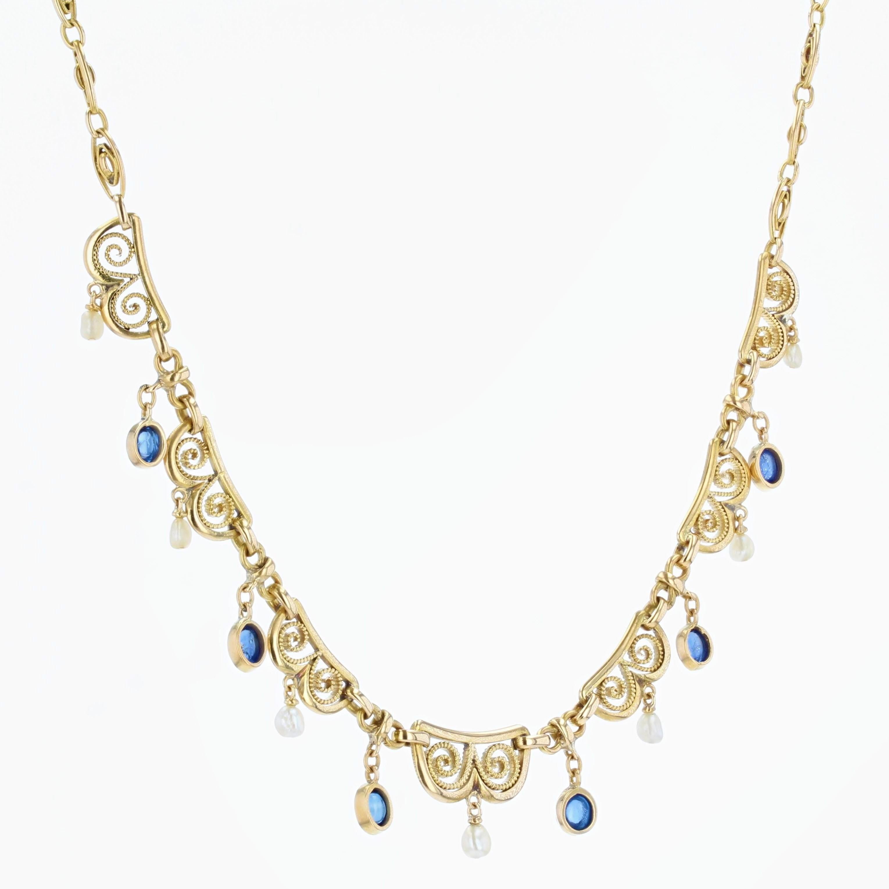 French, 20th Century Sapphire Cabochon Natural Pearl Drapery Necklace 5