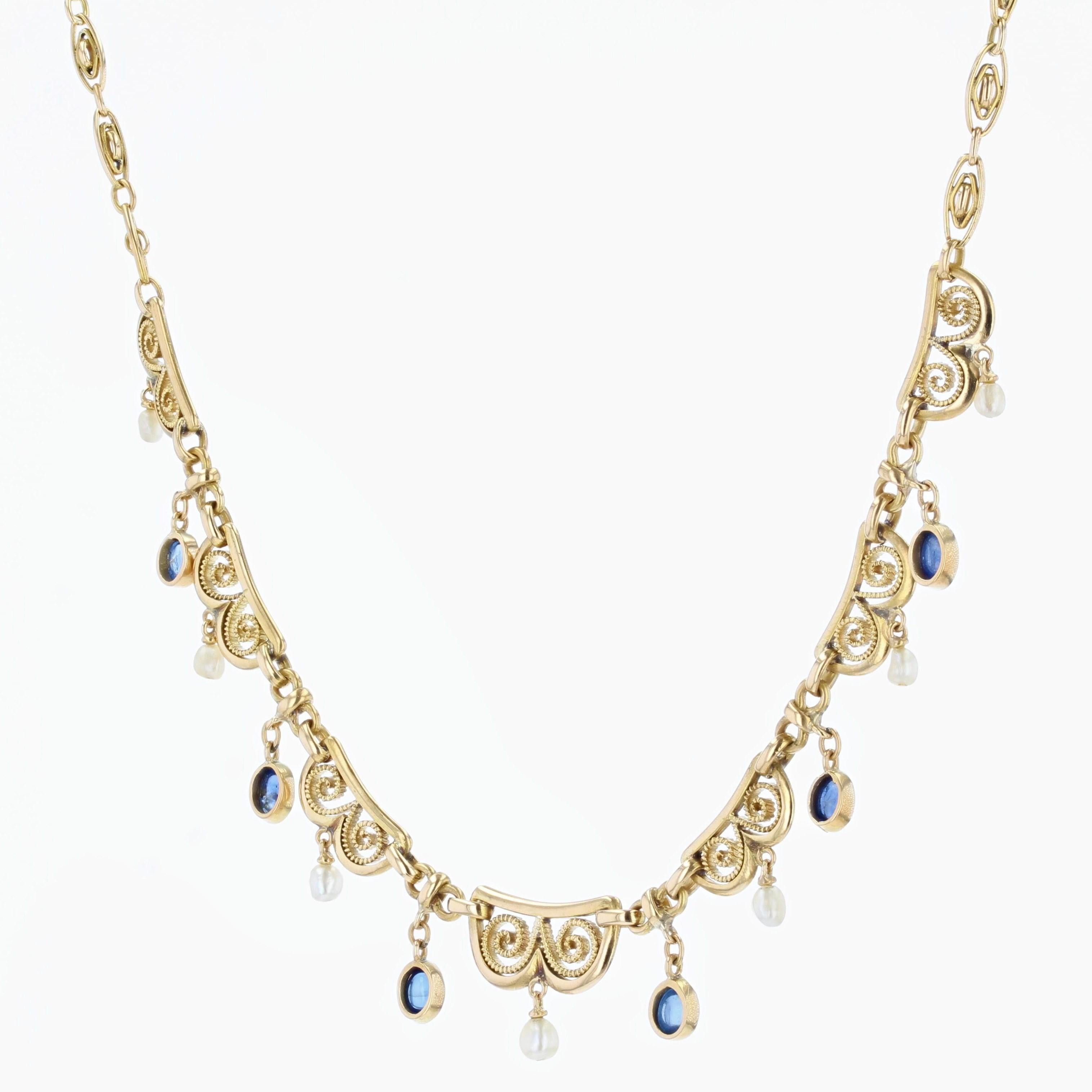 French, 20th Century Sapphire Cabochon Natural Pearl Drapery Necklace 6
