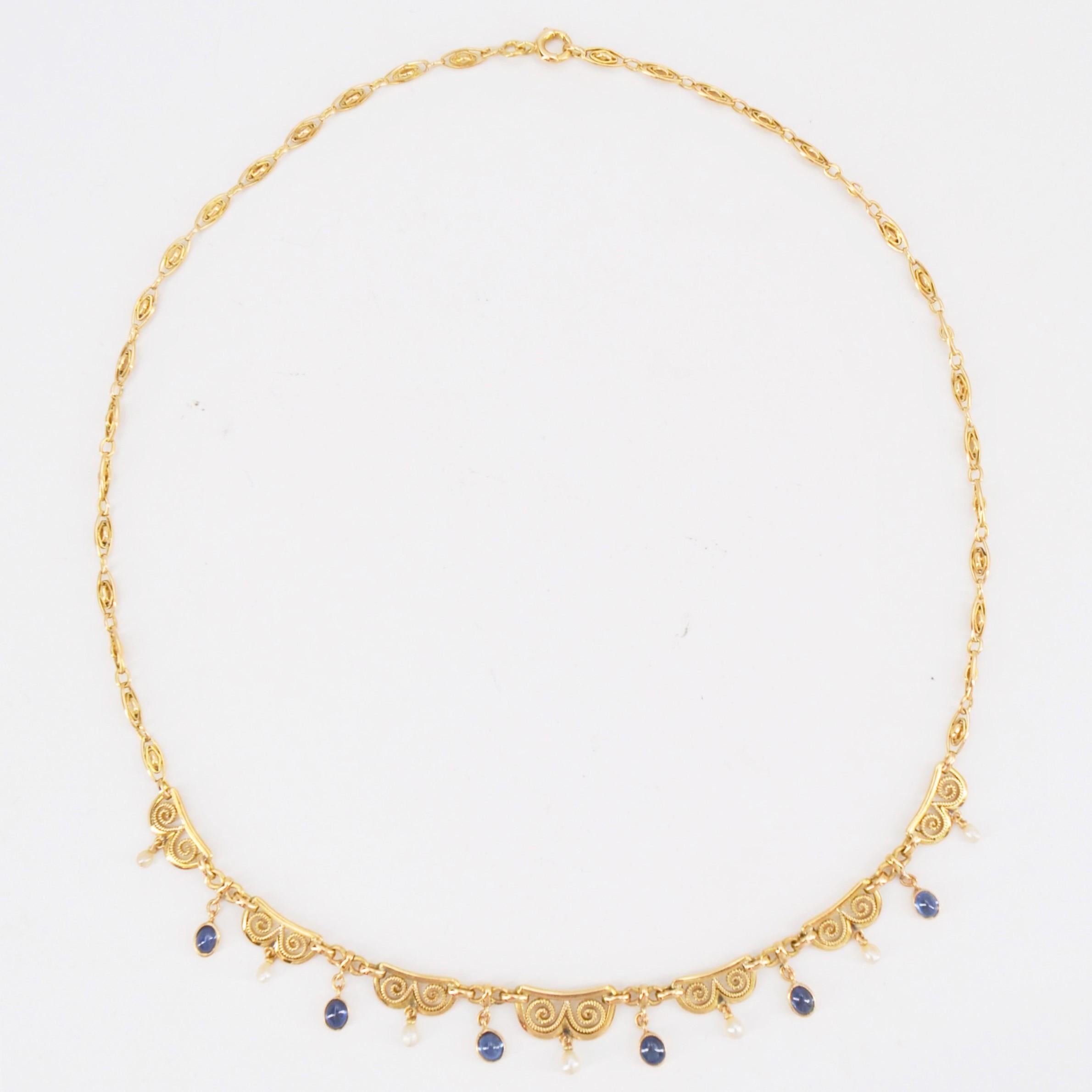 French, 20th Century Sapphire Cabochon Natural Pearl Drapery Necklace 8