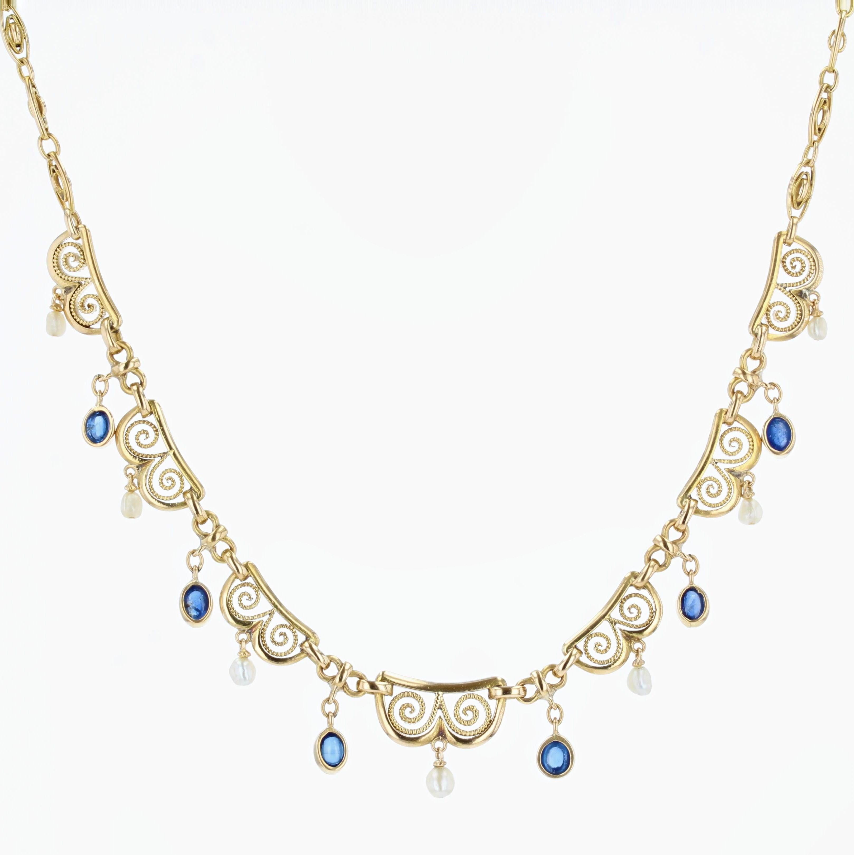 French, 20th Century Sapphire Cabochon Natural Pearl Drapery Necklace 4