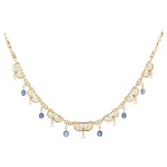 French, 20th Century Sapphire Cabochon Natural Pearl Drapery Necklace