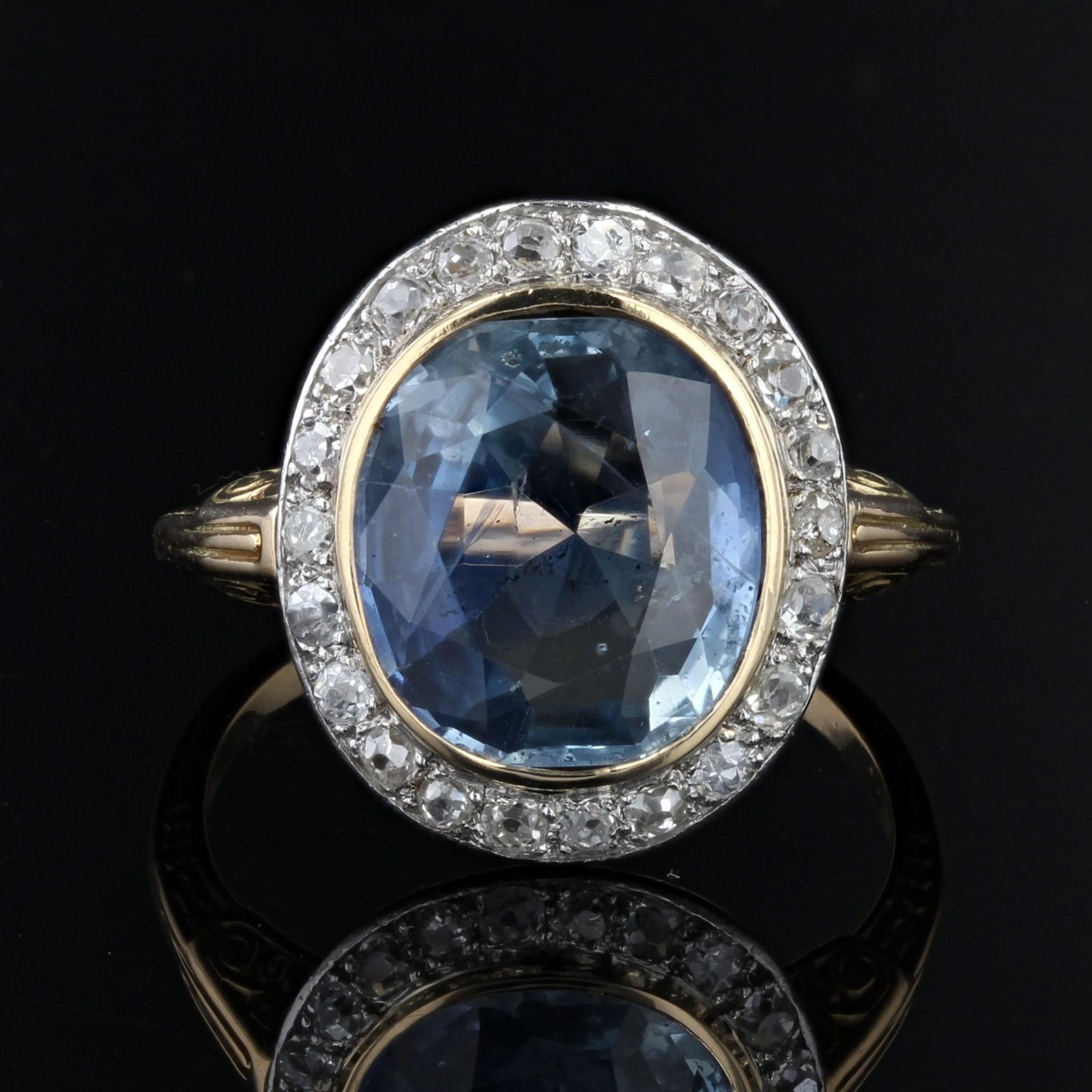 Belle Époque French 20th Century Sapphire Diamonds 18 Karat Yellow Gold Ring For Sale