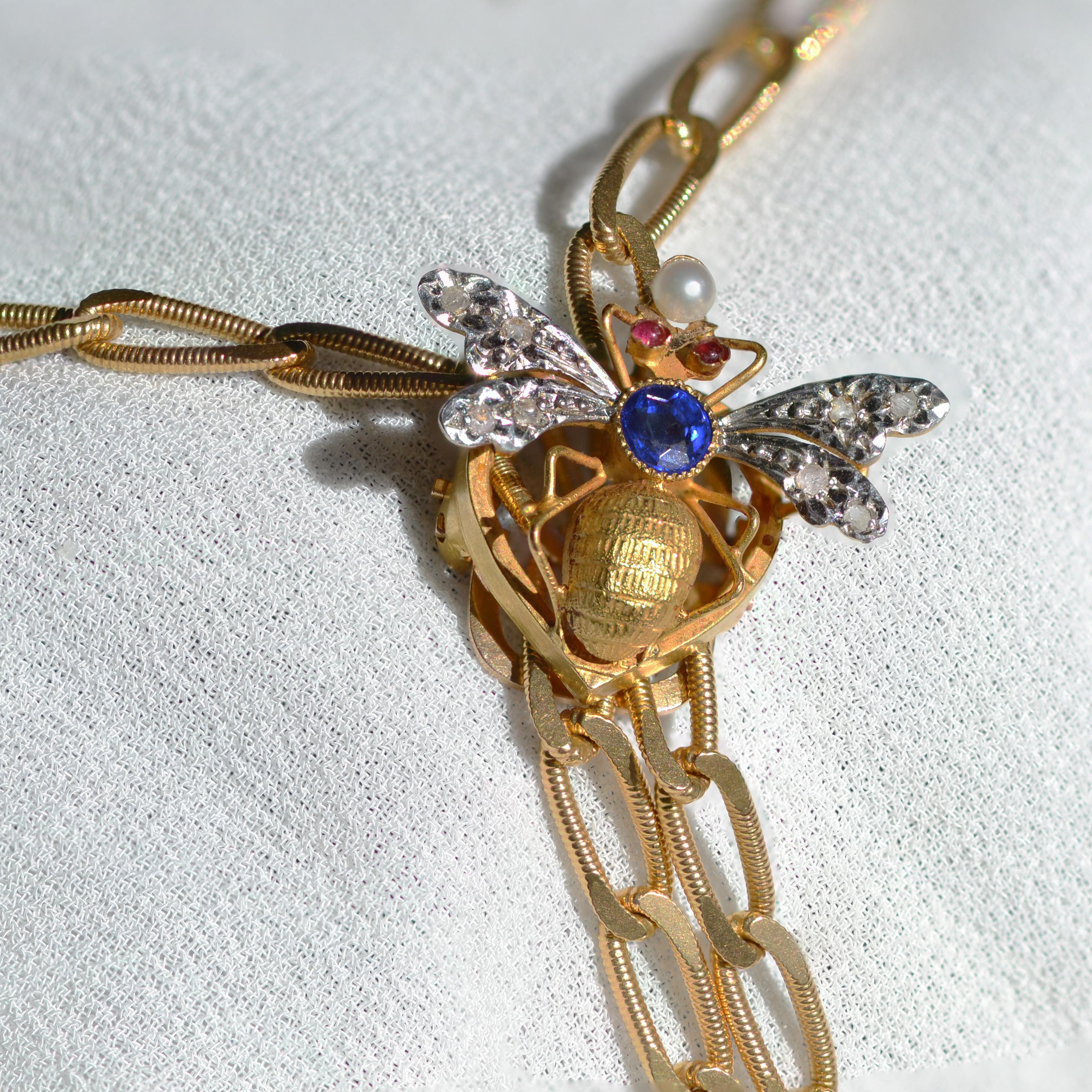 French 20th Century Sapphire Diamonds Rubies 18 Karat Yellow Gold Long Necklace 6