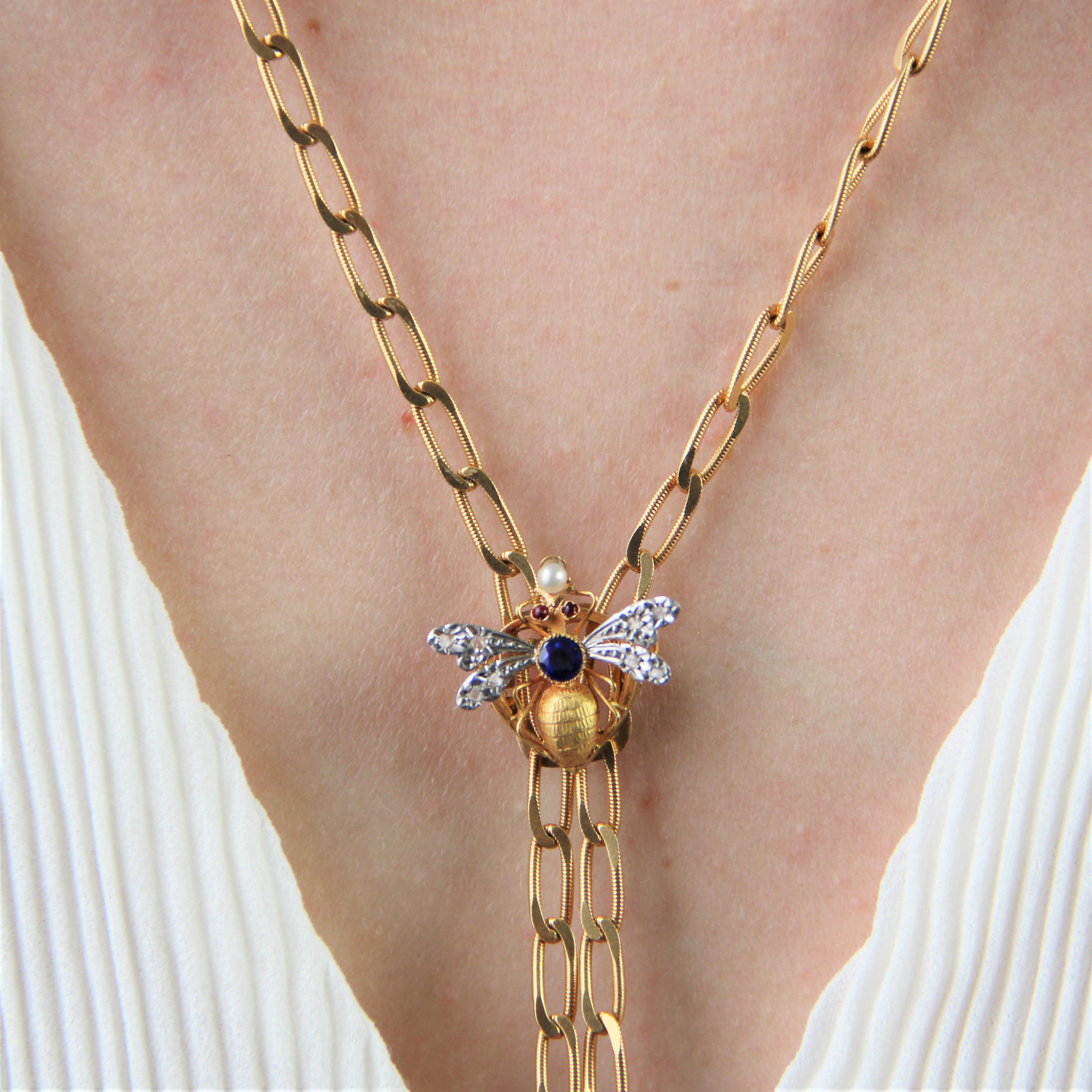 French 20th Century Sapphire Diamonds Rubies 18 Karat Yellow Gold Long Necklace 11