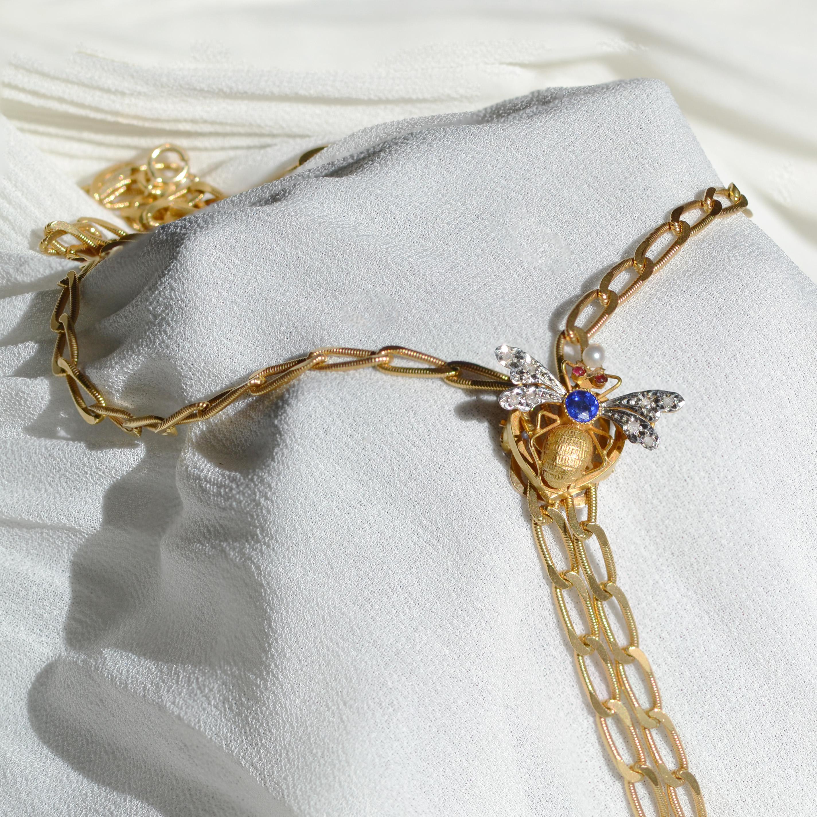 Rose Cut French 20th Century Sapphire Diamonds Rubies 18 Karat Yellow Gold Long Necklace